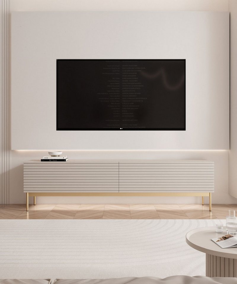 Selsey TV-Schrank Linearis mit LED-Beleuchtung, 2 Klapptüren & Riffel-Front, kaschmir/gold