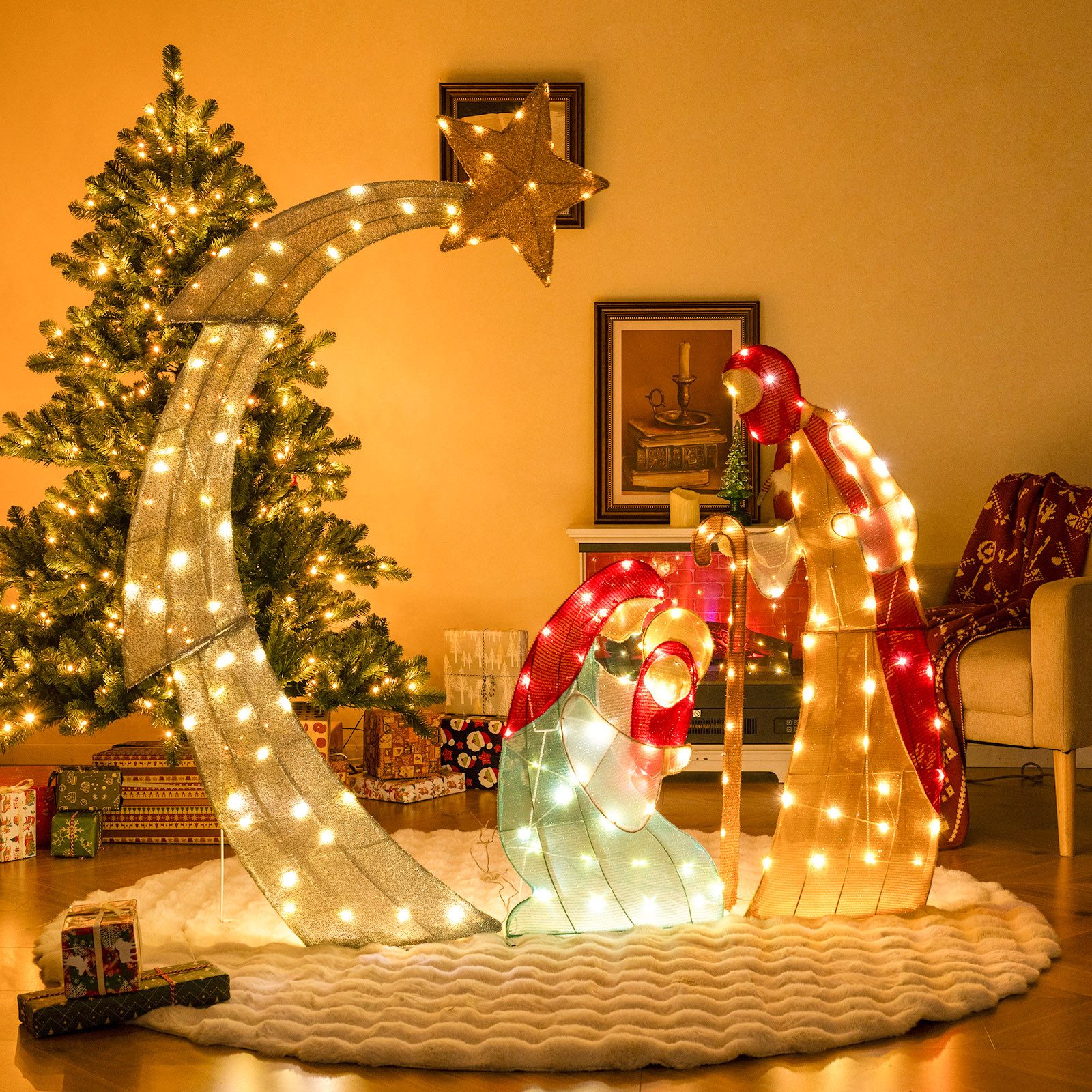 COSTWAY Weihnachtsfigur, 151cm Weihnachtskrippe mit LED, Weihnachtsdeko