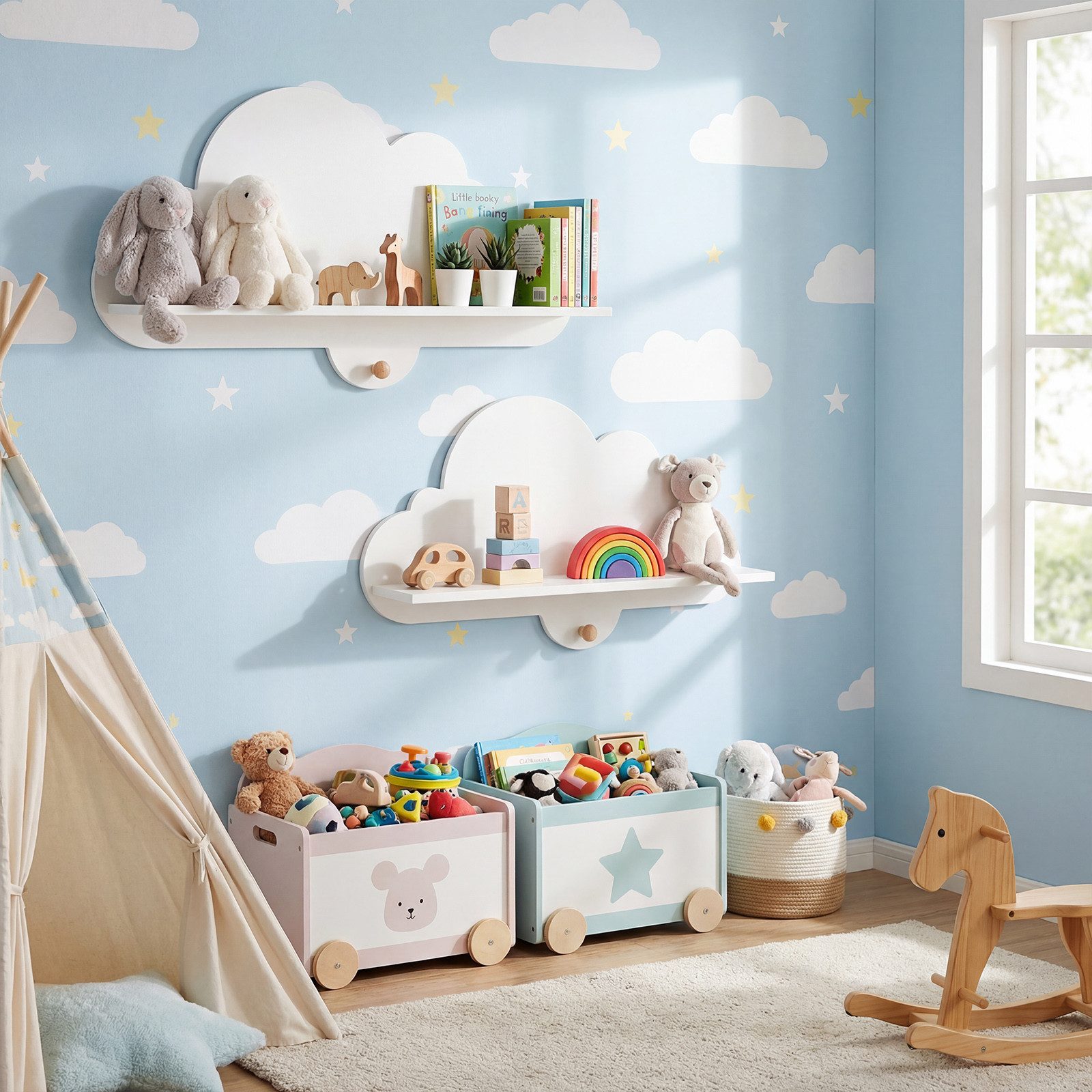 COSTWAY Kinderregal, 2-tlg., Schweberegal im Wolkenform aus Massivholz, mit Haken