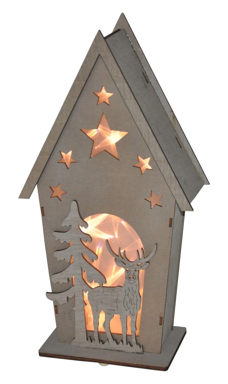 BURI Dekofigur LED Deko-Holz-Häuschen mit Hirsch und Tanne Weihnachtsdeko Fensterdeko