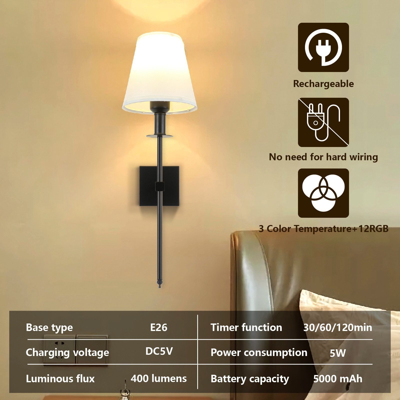 Ophy Wandleuchte 2er-Set aufladbare Wandleuchten – kabellos, dimmbar, mit Fernbedienung, 12 RGB Farben & Timer-Funktion, für Schlafzimmer & Wohnräume – Bild 2 von 5