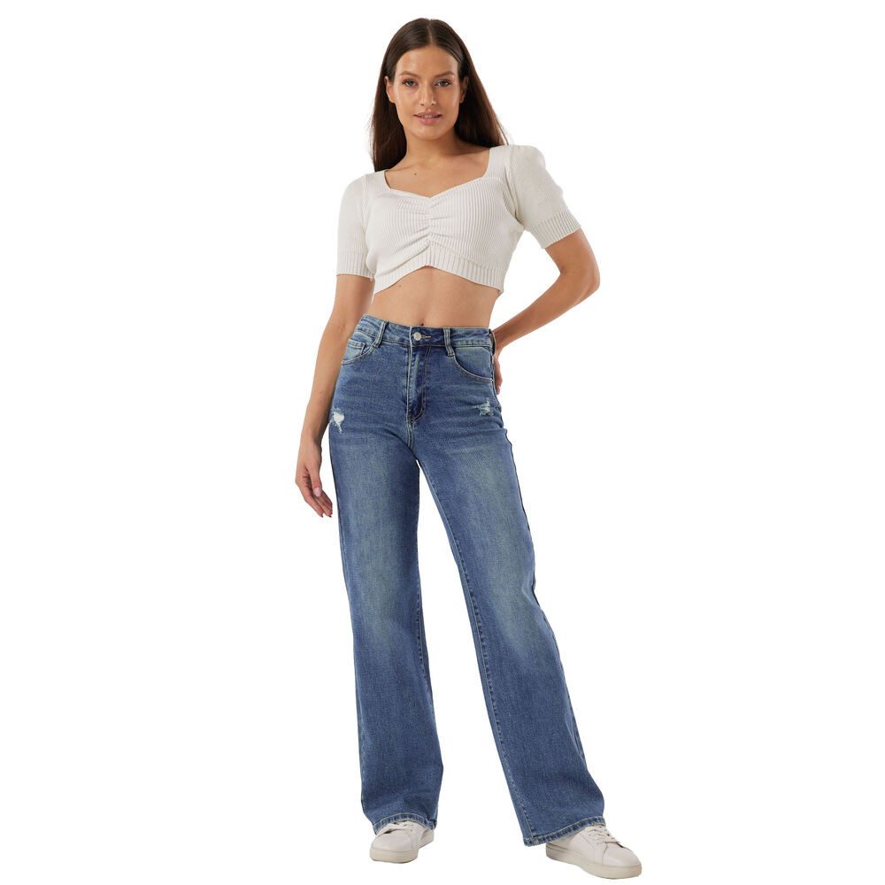 Ital-Design Weite Jeans Lässige Damenjeans mit modernem Schnitt und Komfort (90861202) Destroyed-Look Stretch High Waist Jeans in Blau