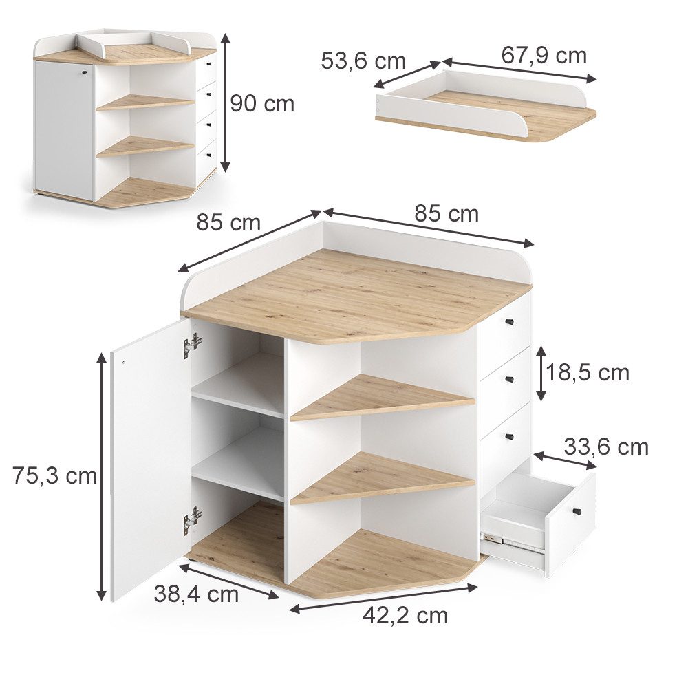 Vicco Wickelkommode Aria, Weiß/Artisan/Artisan-Eiche, 85 x 90 cm mit Regalen und 4 Sch...