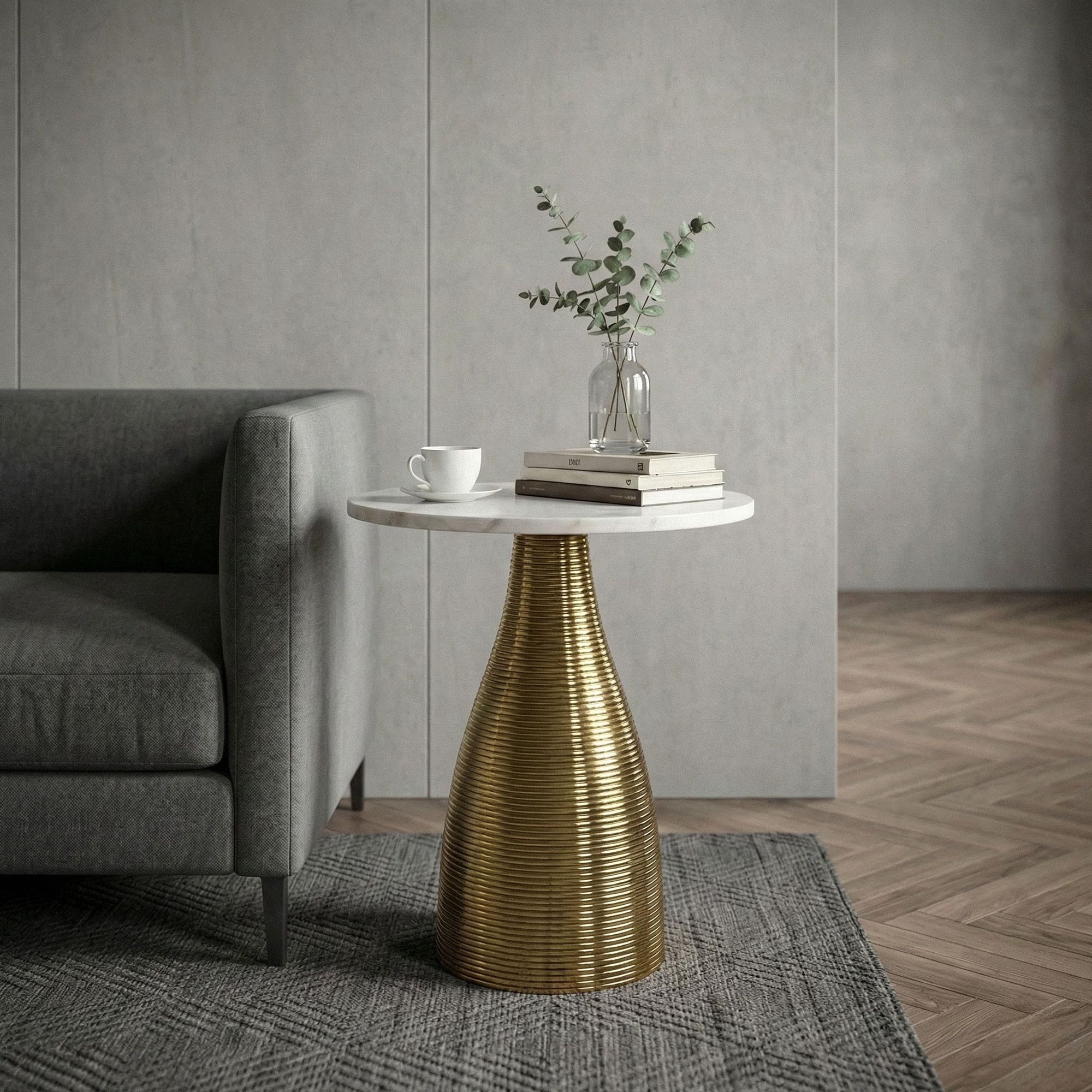 Wohnling Beistelltisch WL7.513 Wohnzimmertisch Rund Marmorplatte Weiß Anstelltisch Couchtisch (Skulpturale Metallbasis mit feiner Struktur), Eleganter Naturstein für Dein Zuhause