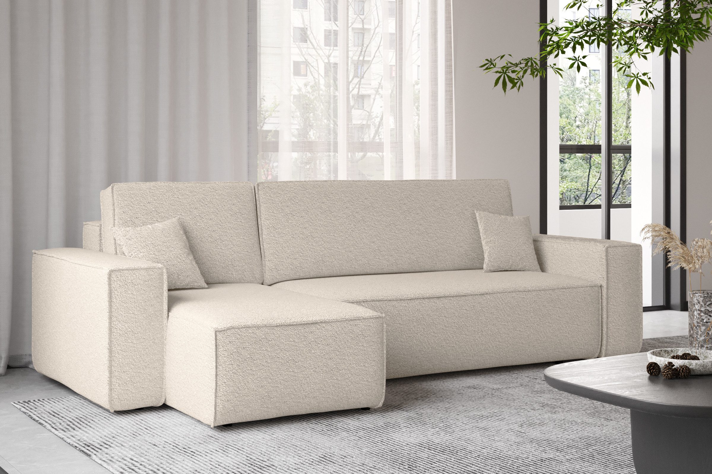 yourhouse24 Ecksofa Gepolstertes KARL L-Form, Cord&Bouclé-Stoff, mit Schlaffunktion und Bettkasten, Seite universal