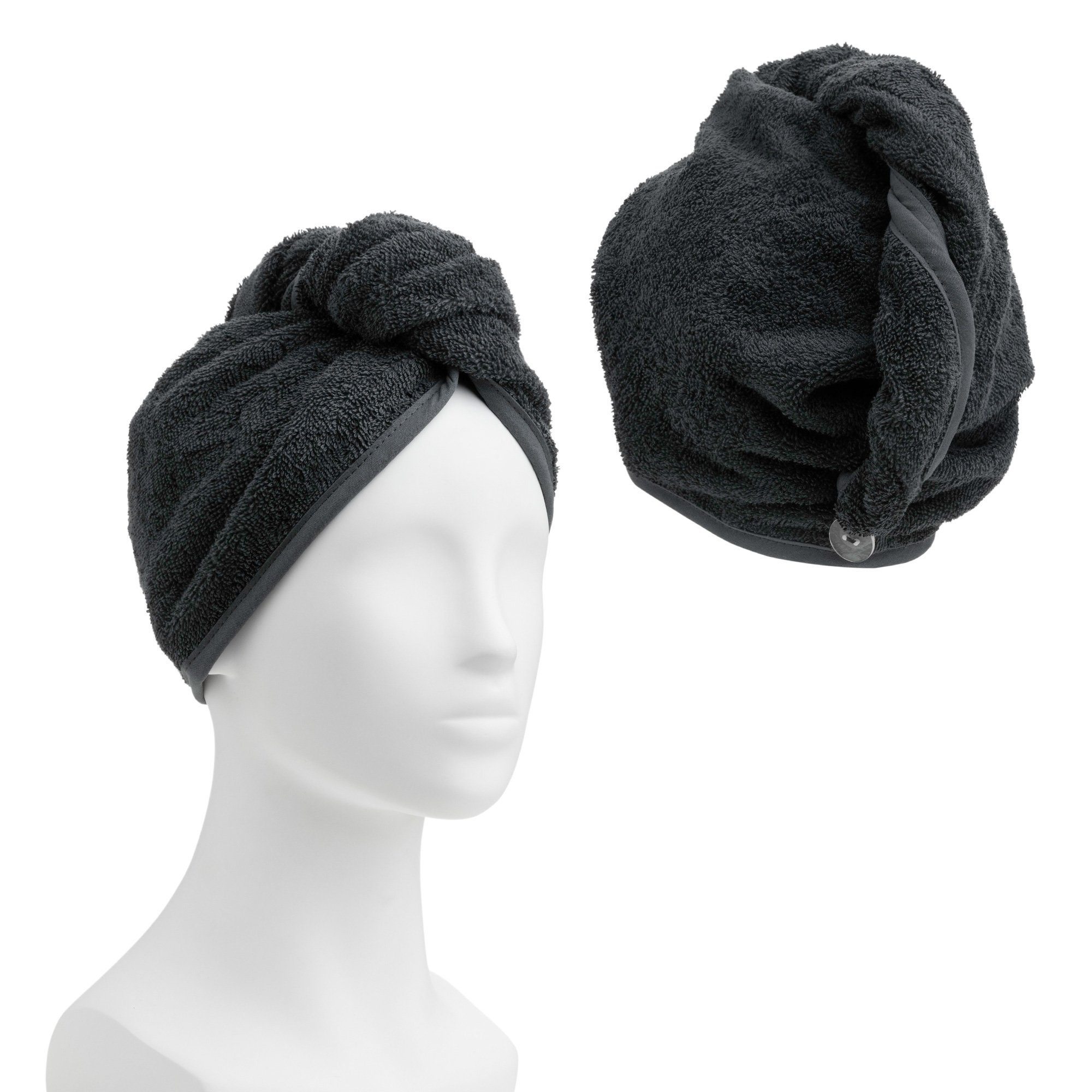 Dunkelgrau Erwachsene HOMELEVEL Knopf Baumwolle, (1-St) Turban-Handtuch Haarturban 100% für mit Frottee aus