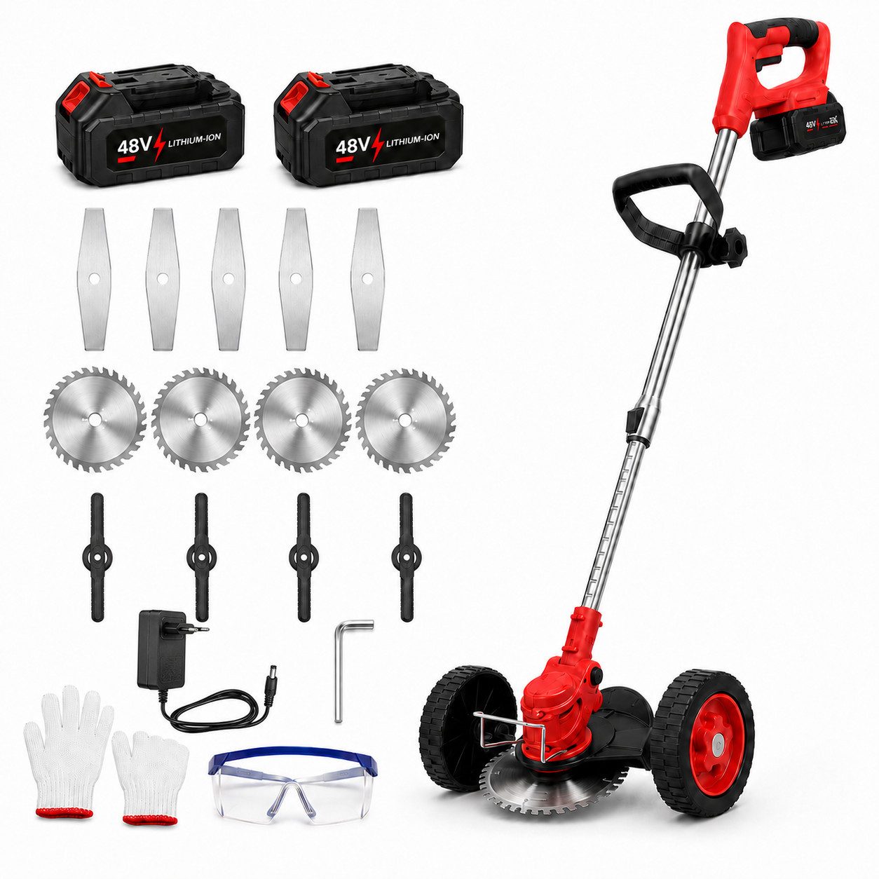ibettertec Akku-Rasentrimmer 48V mit 2 Akkus, Freischneider Set, 17000 U/min, 35 cm Arbeitsbreite Faden, (Komplettes Akku Rasentrimmer Set mit mehreren Schneidaufsätzen), 6000mAh Akku Gartentrimmer mit Doppellrad, 35 cm Schnittbreite