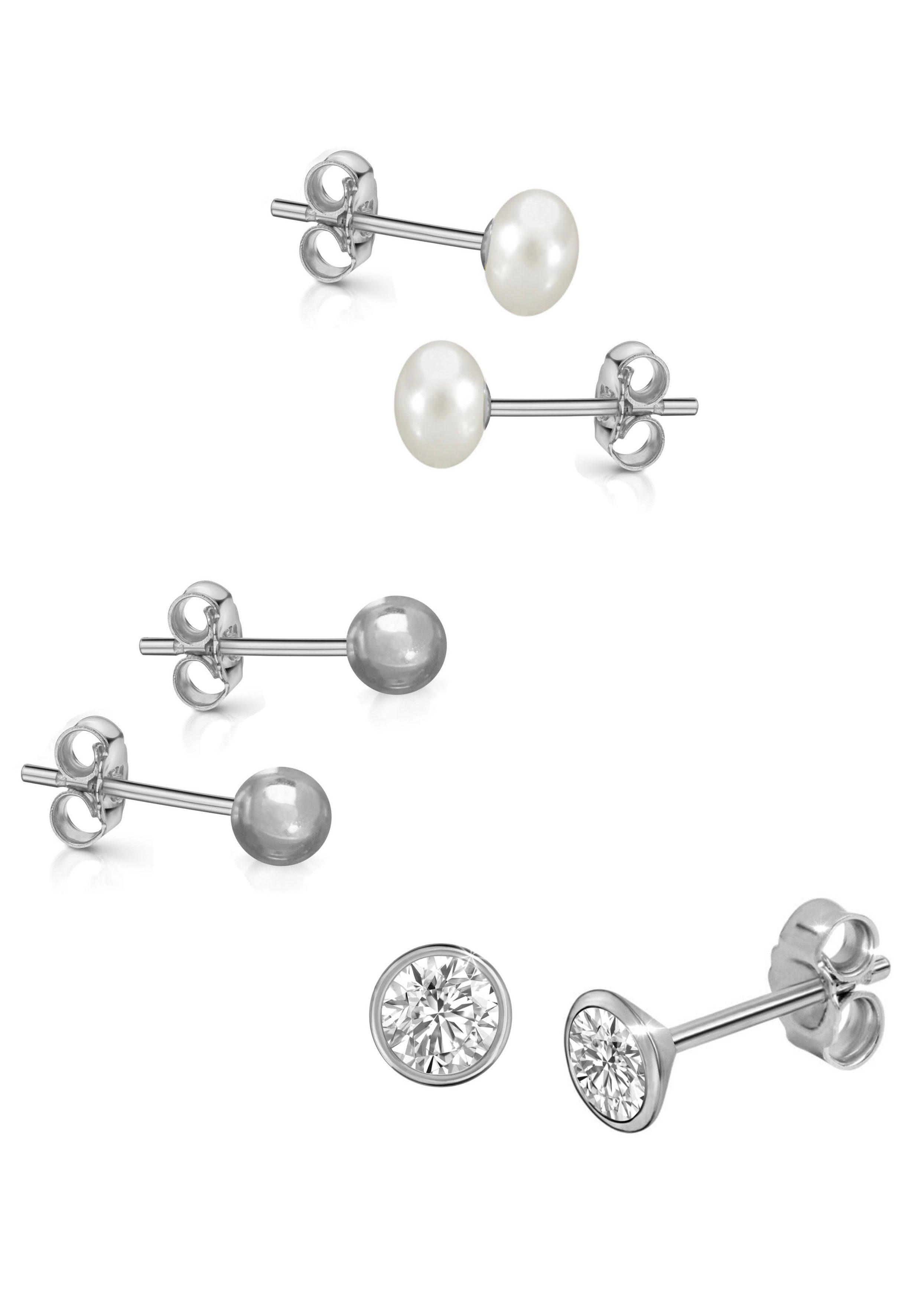 Firetti Ohrstecker-Set Multipack Schmuck Geschenk Perlohrstecker Kugelohrstecker Glitzerstein (Set, 6-tlg), Made in Germany - mit Zirkonia (synth) - mit Süßwasserzuchtperle
