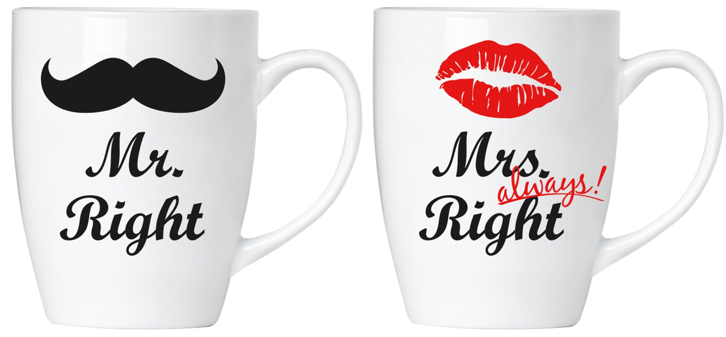 BRUBAKER Tasse 2er-Set Kaffeetassen Mr. Right & Mrs. Always Right, 4-tlg., Keramik, Kaffeebecher in Geschenkpackung mit Grußkarte, Becher Tassen für Paare