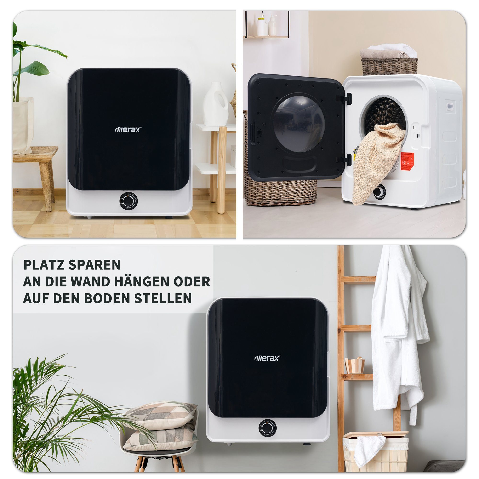 Merax Ablufttrockner mit PTC-Heizelement, Doppelte Filterung, Frontlader, mini-Wäschetrockner freistehend/hängend, Timer