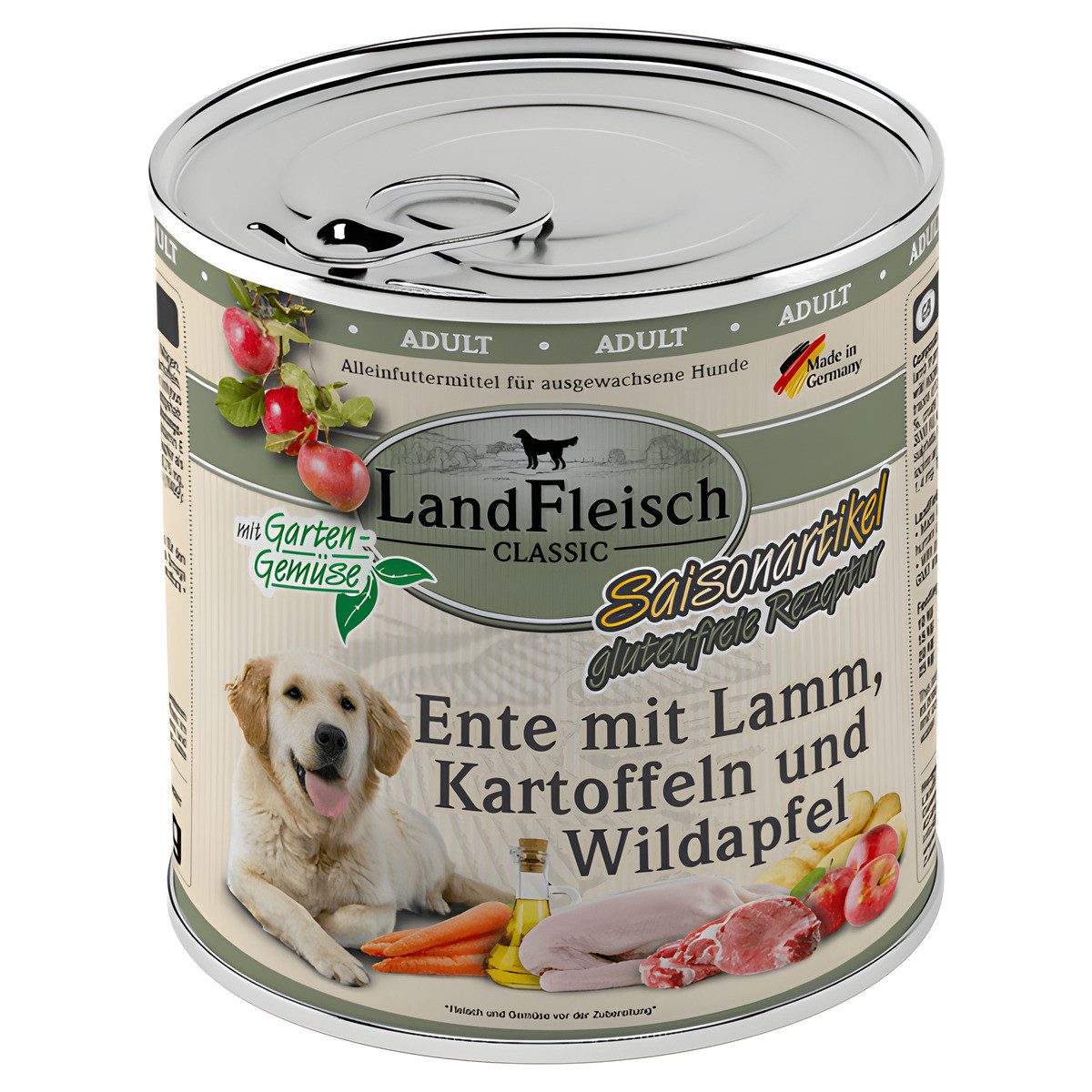 LANDFLEISCH Classic Ente mit Lamm, Kartoffeln und Wildapfel 800 g - 6 Stück, Nassfutter für: Hund