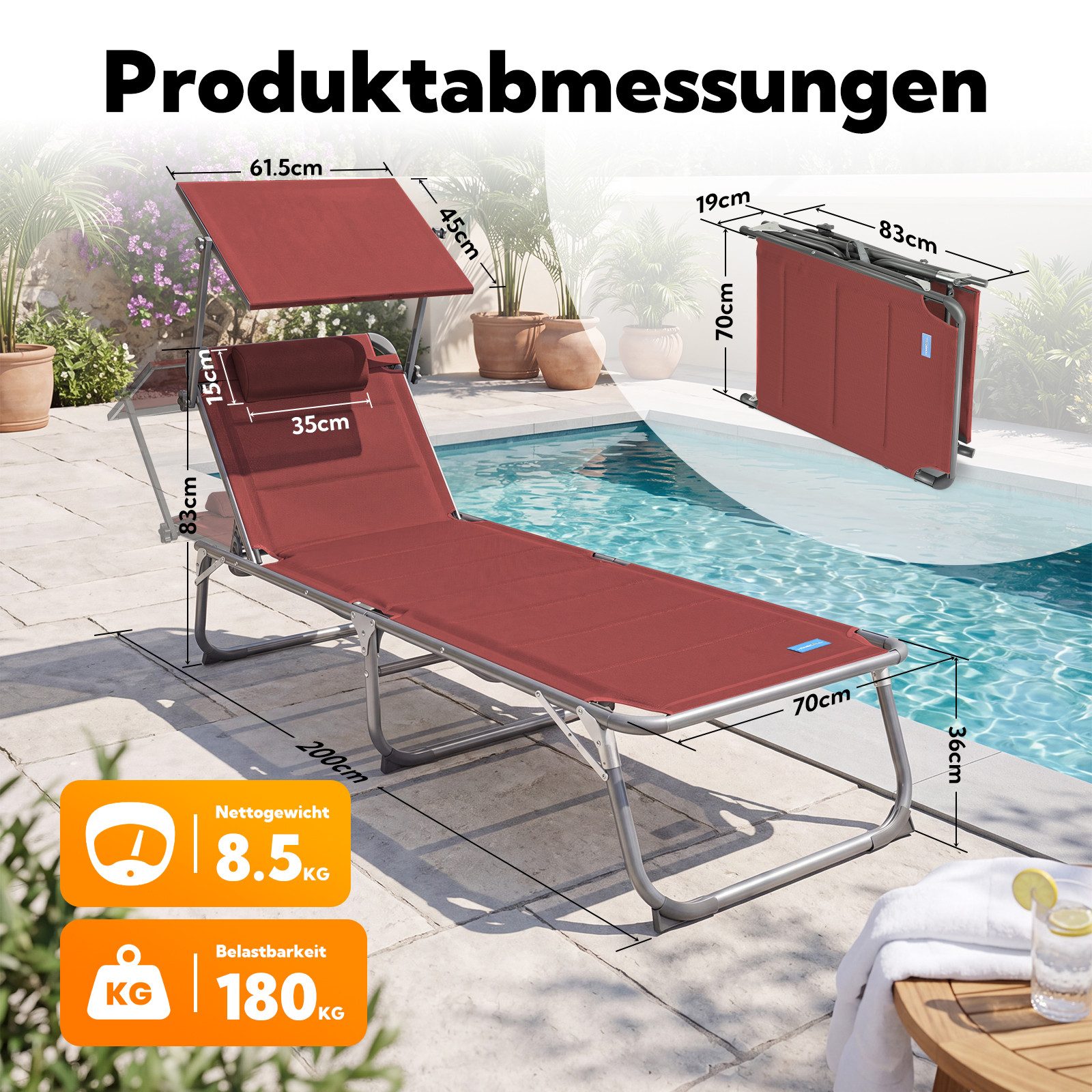 HOMECALL Gartenliege Sonnenliege AluLiege Liegestuhl Strandliege Liegen wetterfest, klappbar, Textilene Mit Dickemschnelltrocknende Schaumstoffpolsterung, Verst – Bild 2 von 5