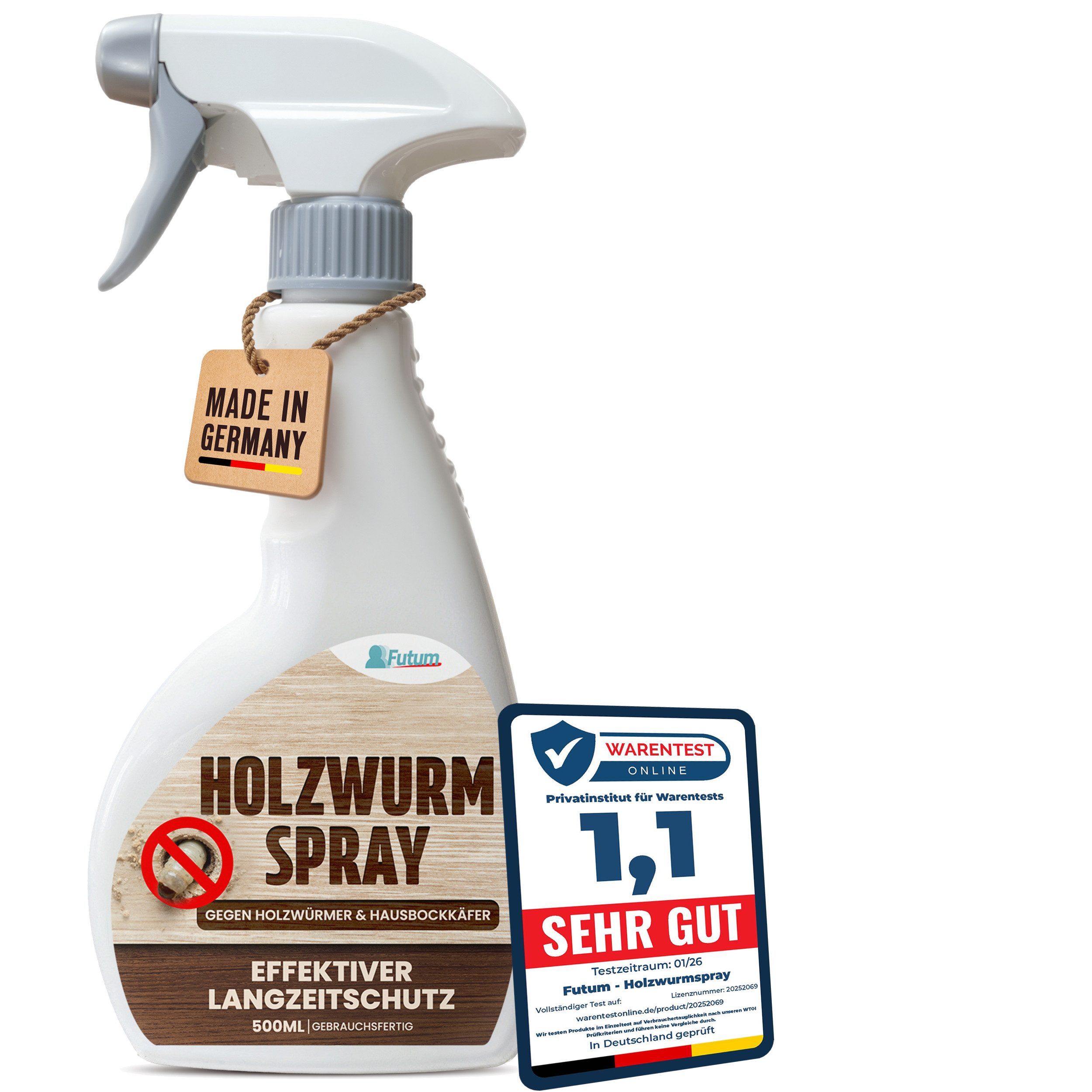 FUTUM Holzwurm-Ex 500ml Holzwurm-Spray gegen Holzwürmer, Hausbock mit Langzeitwirkung, MADE IN GEERMANY