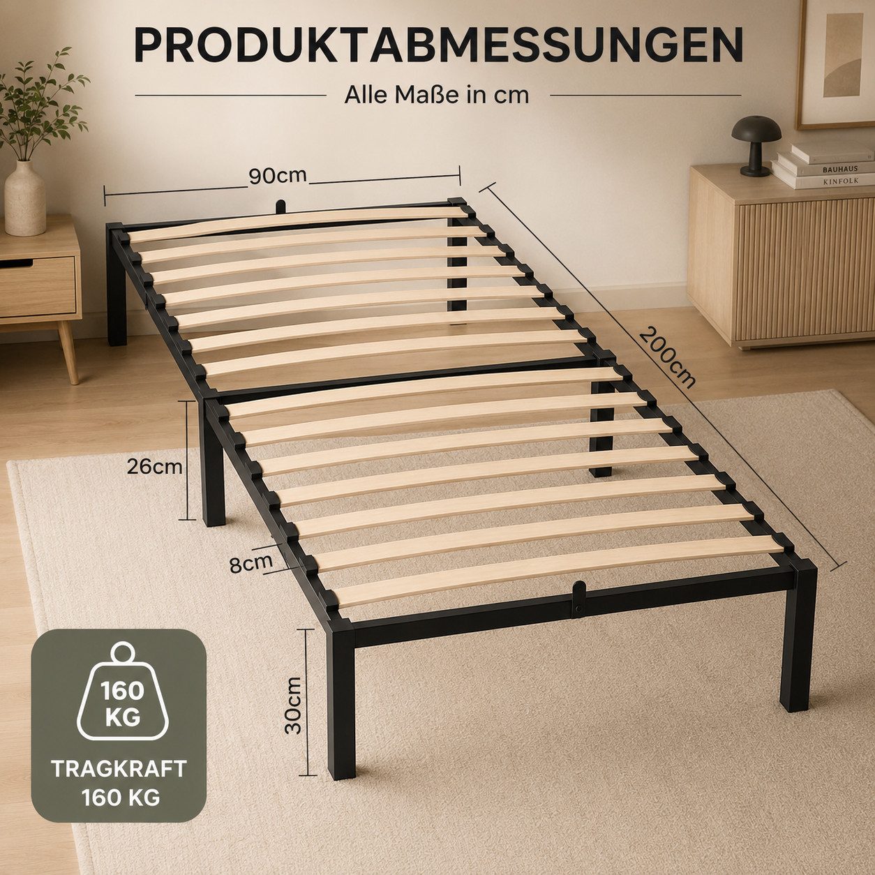 GLIESE POWER Einzelbett Bettgestell 90x200 cm – stabil, 160 kg, Holzlatten & Matratzenstopper (Metallbettgestell), mit Holzlatten, Leise, bodenschonende Pads