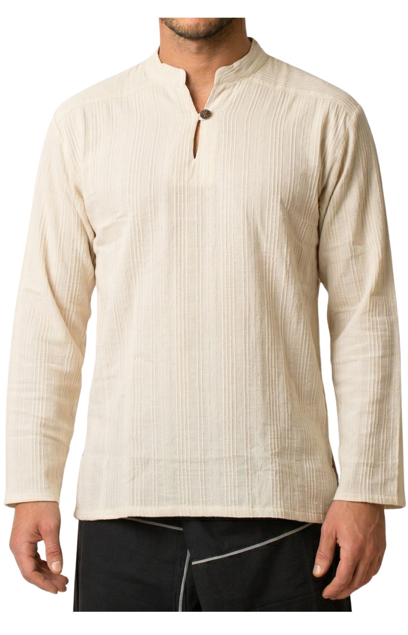 Langarmhemd Fischerhemd Herren - Fisherman Shirt aus 100% Baumwolle ohne Kragen