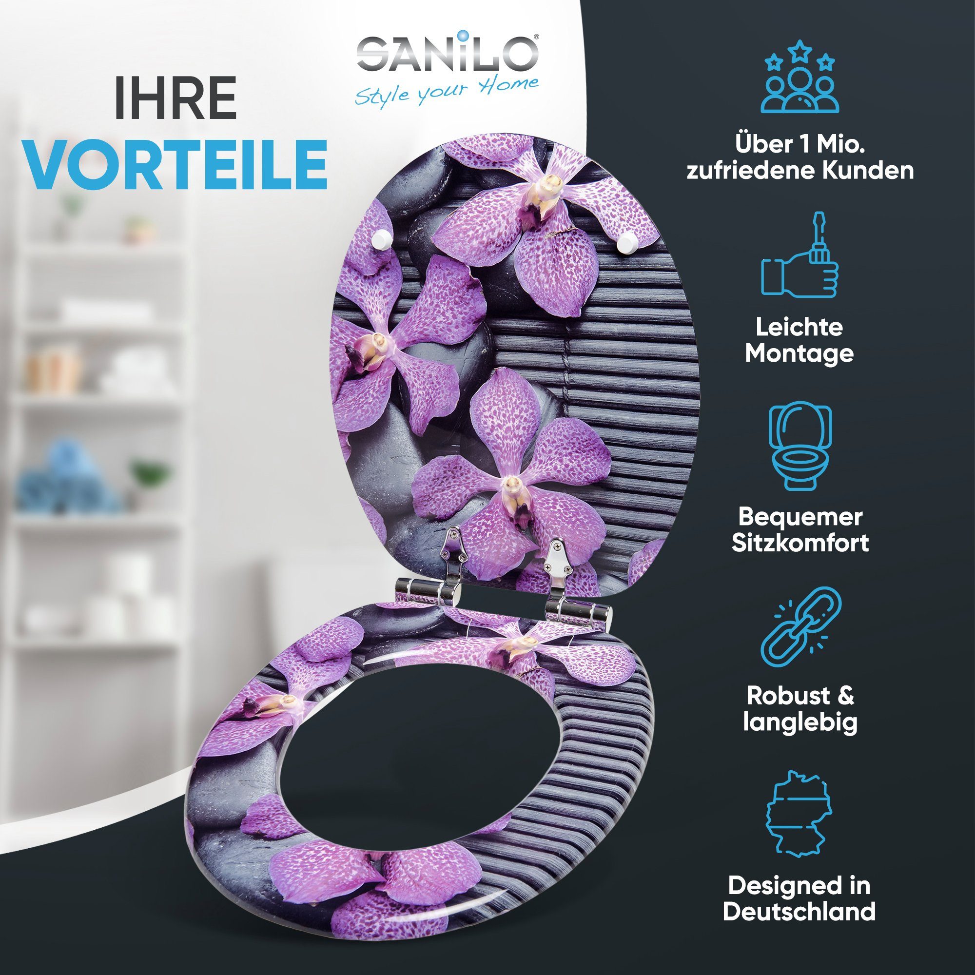 Sanilo WC-Sitz Vanda mit Absenkautomatik, Toilettendeckel direkt vom Hersteller, hochwertig & modern mit Motiv, universell, leichte Montage