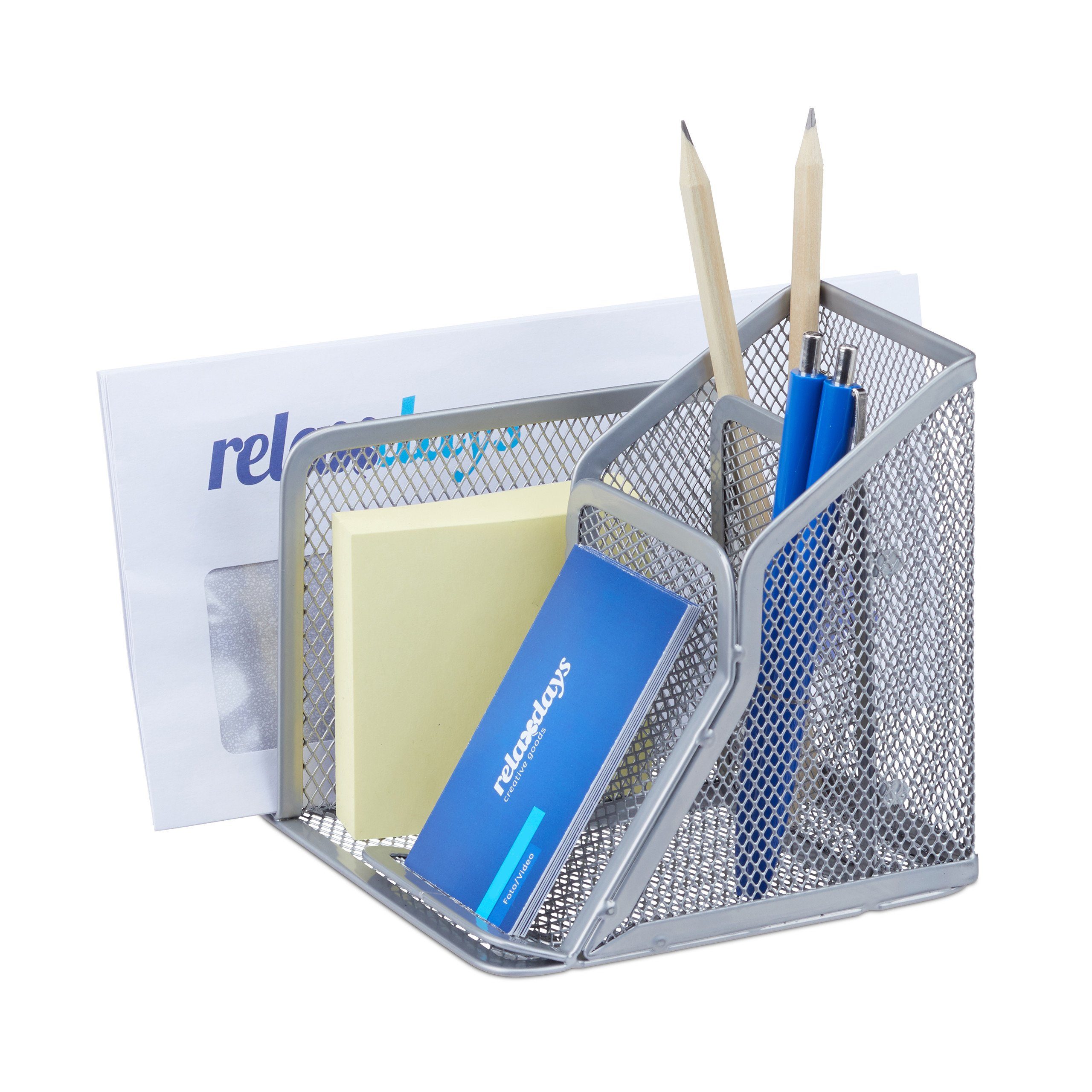 relaxdays Organizer Stiftehalter Mesh mit Briefständer, Silber