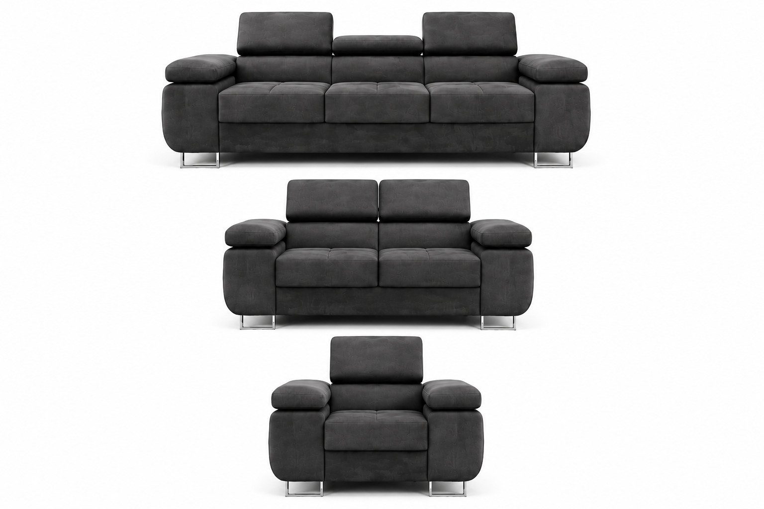 inter Sofa MALTA Polstergarnitur 3-2-1 Samtstoff Anthrazit mit Schlaffunktion, 3-Sitzer mit Bettfunktion und Kopfteilverstellung, 2-Sitzer mit Kopfteilverstellung, Sessel mit Kopfteilverstellung 3 Teile, Samtstoff Bezug, Schlaffunktion, Verstellbare Kopfstützen