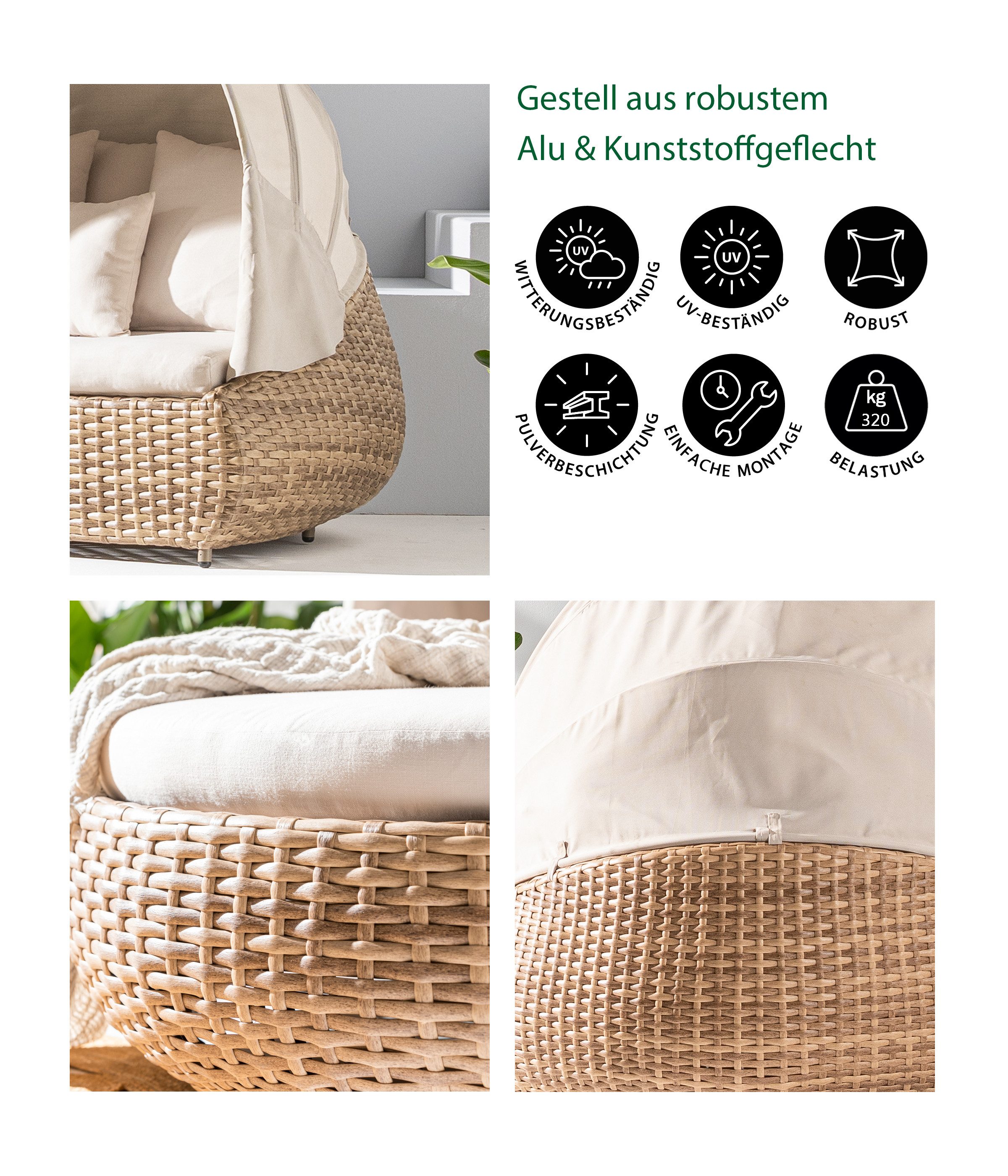 Dehner Gartenlounge-Set Daybed Tulum, 179 x 163 x 220 cm (B/H/T), Liegefläche 146 x 179 cm, gemütliche Sonnenliege mit Faltdach und Polstern
