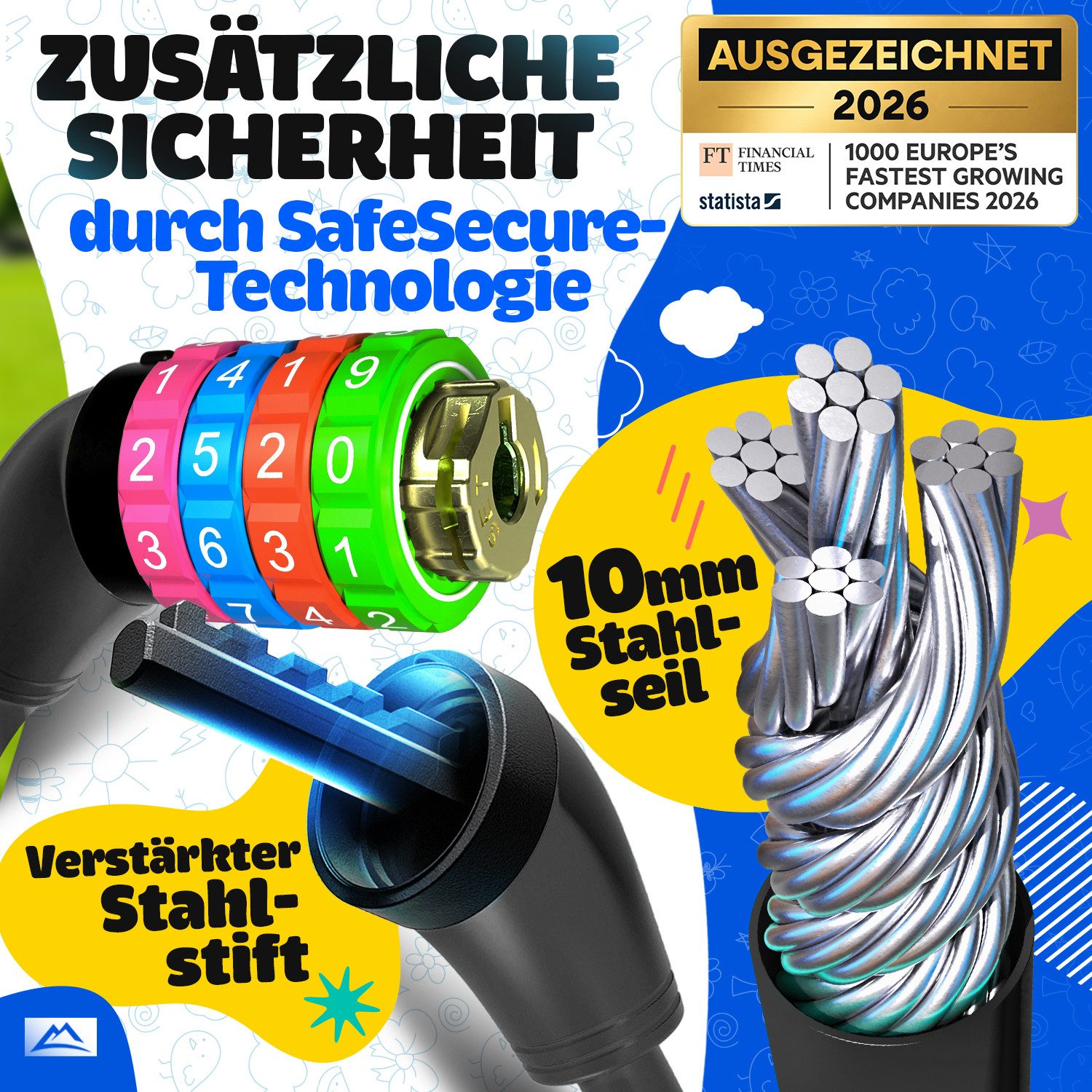 Nextcover Zahlenkabelschloss NEXTCOVER® Fahrradschloss Kinder mit 4-stelligem Zahlencode