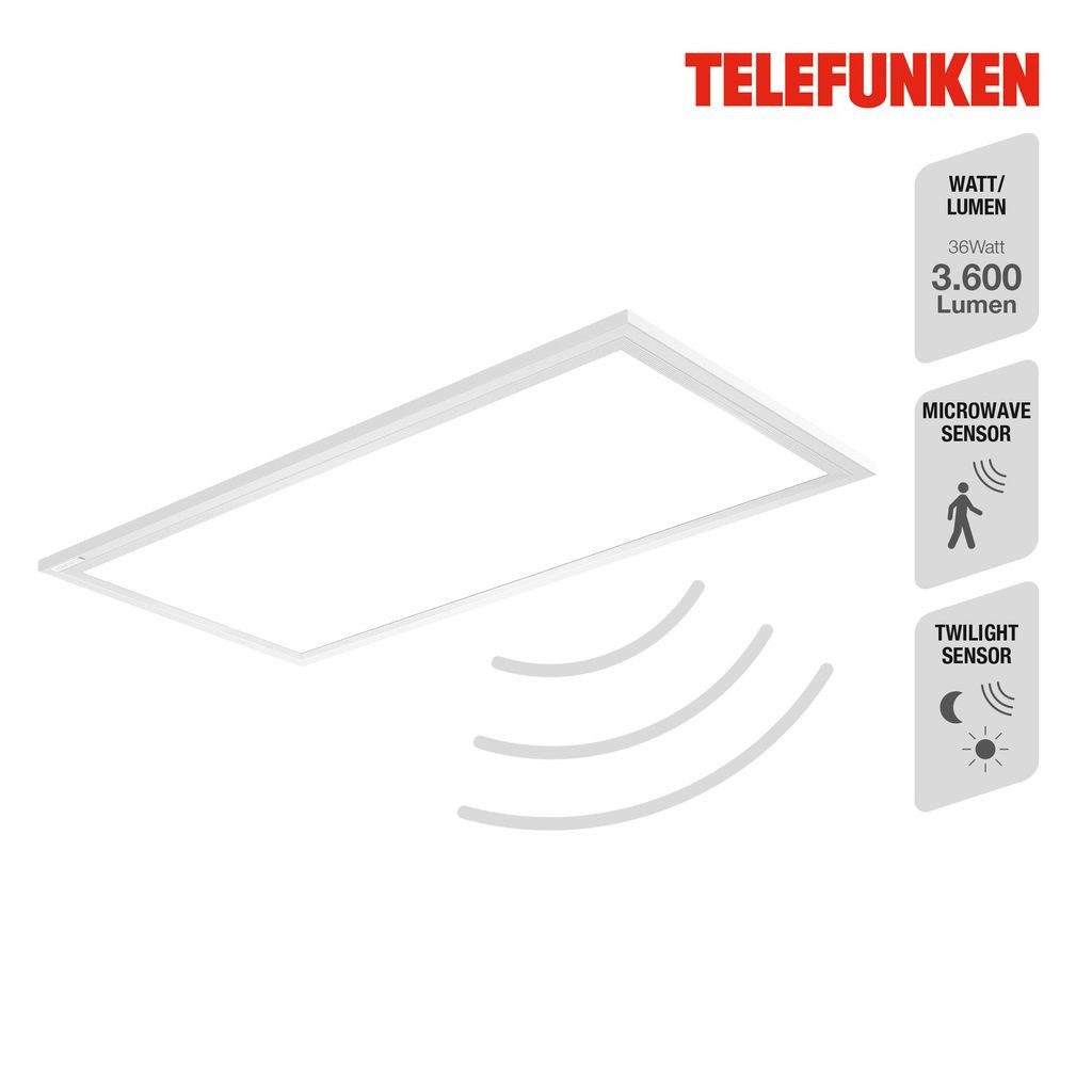 Telefunken LED Deckenleuchte 308706TF, Leuchtdauer einstellbar, LED fest integriert, 2700K - Extra-Warmweiß, Deckenleuchte Sensor Panel 36W 3600lm 4000K 59,5x29,5x5,4cm