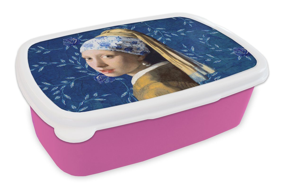 Kinder, - MuchoWow - Erwachsene, Brotdose mit Gemälde, Mädchen Vermeer Kunststoff, Brotbox Delfter - Lunchbox (2-tlg), für Blumen Mädchen, Perlenohrring Kunststoff Snackbox, Blau - rosa