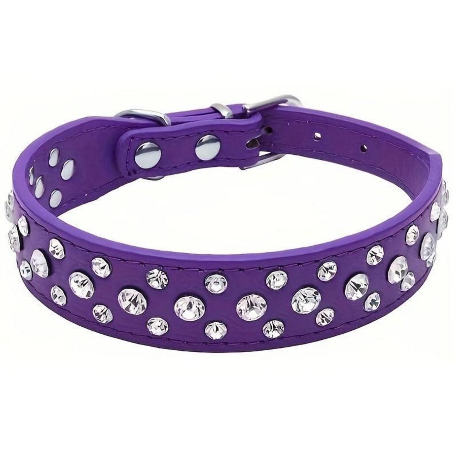 LuxusKollektion Hunde-Halsband Haustierhalsband Strass Lila M in Lederoptik, Kunststoff