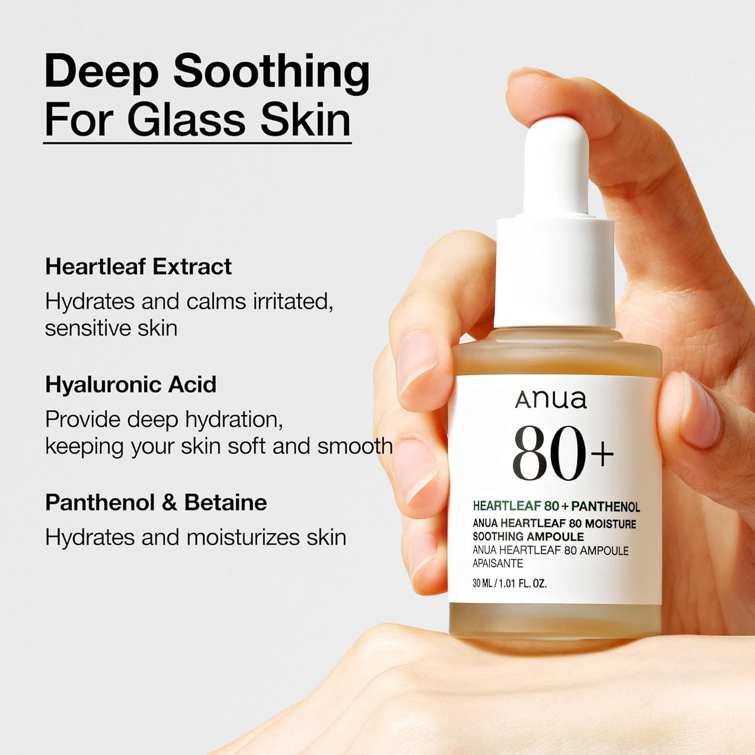 Anua Gesichtsserum Heartleaf 80 % Moisture Soothing Ampoule 30 ml – beruhigendes Serum mit 80 % Heartleaf-Extrakt, feuchtigkeitsspendend, vegan, parabenfrei, k-beauty, für empfindliche Haut, schnelle Aufnahme, hautberuhigend