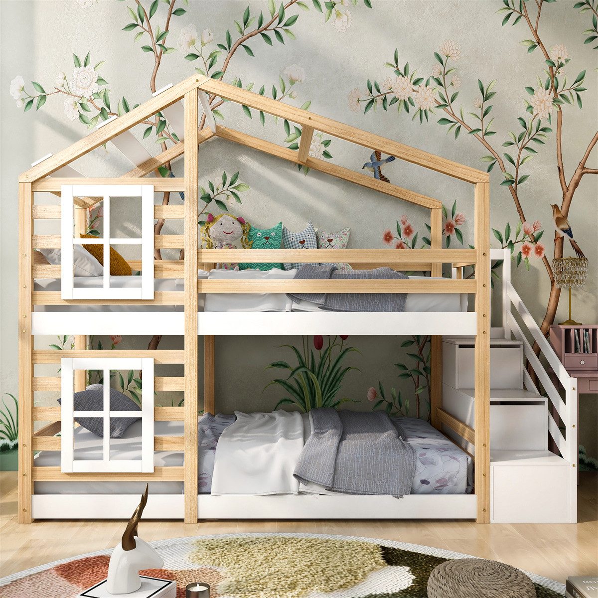 autolock Etagenbett Kinderbett Baumhaus mit Schublade und Rausfallschutz 90 x 200 cm, Hochbett für Kinder– 2x Lattenrost- Natur & Weiß