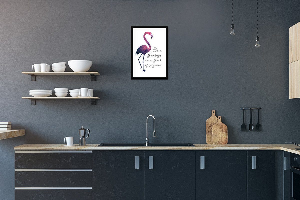 MuchoWow Poster Flamingo - Glitzer - Rosa, (1 St), Gerahmtes Poster, Wanddeko, Bilder, Wandposter, Schwarzem Bilderrahmen