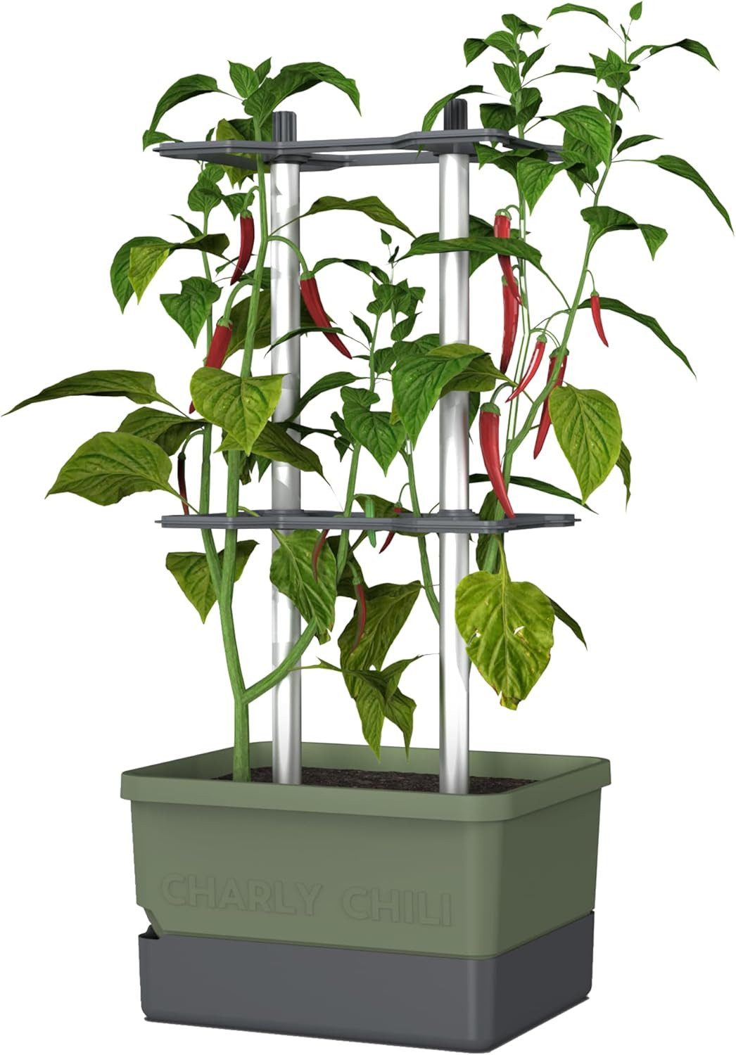 Gusta Garden Pflanzkübel CHARLY CHILI (inkl. stabiler Rankhilfe und Bewässerungssystem), Chilitopf für Balkon, Terrasse & Garten, regular dunkelgrün