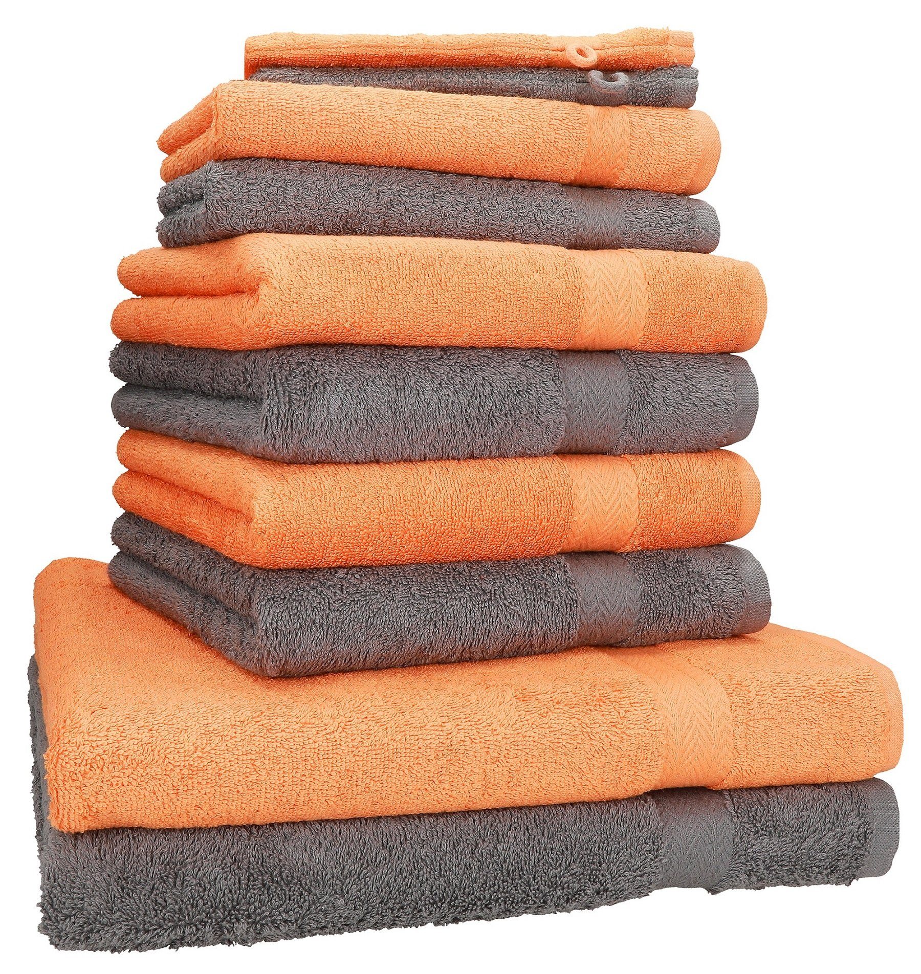 Betz Handtuch Set 10-tlg. Handtuch-Set Premium 100% Baumwolle 2 Duschtücher 4 Handtücher 2 Gästetücher 2 Waschhandschuhe Farbe Orange & Anthrazit, 100% Baumwolle, (10-tlg)