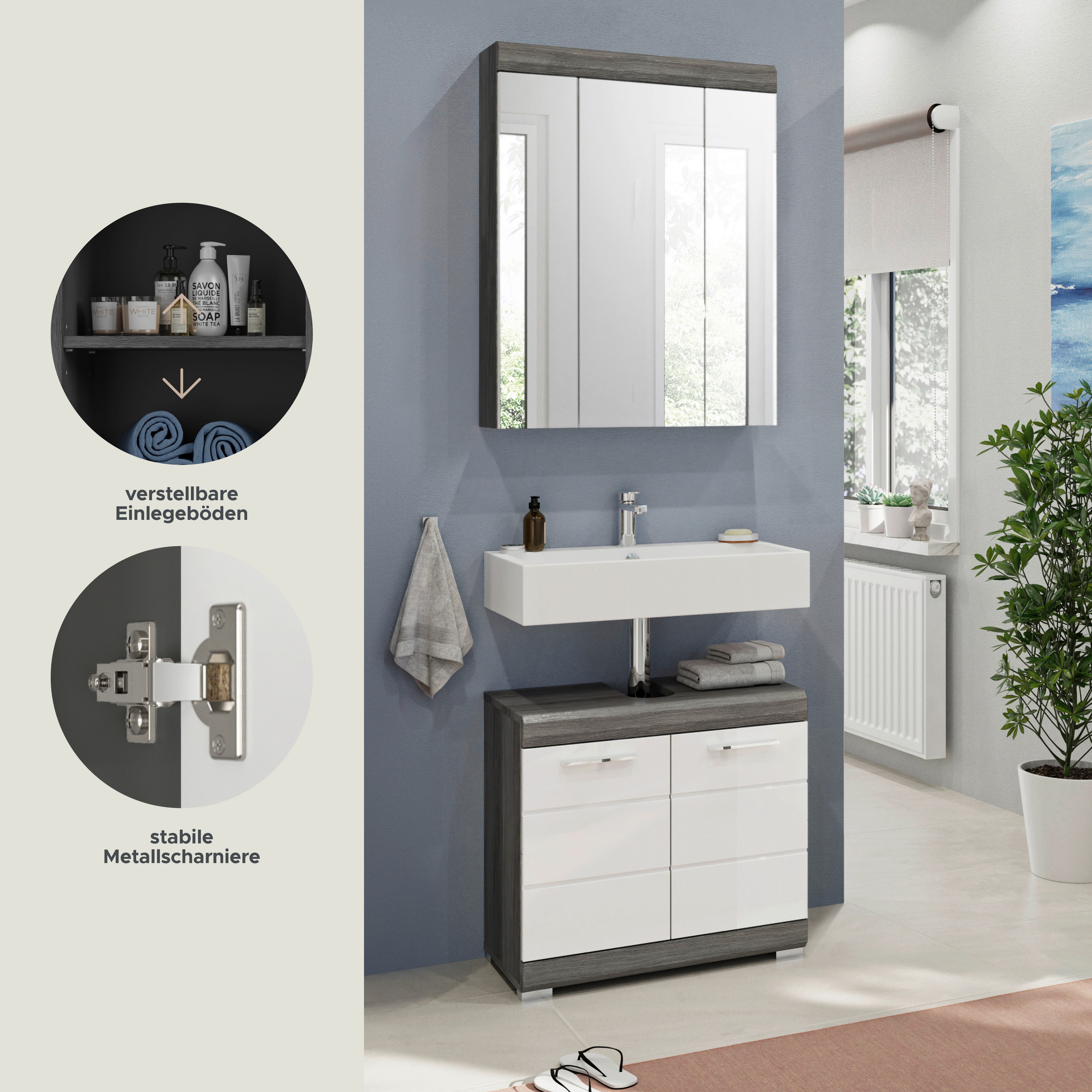 welltime Badmöbel-Set SIENA, 2 tlg., bestehend aus: Waschbeckenunterschrank, Spiegelschrank, (Set, 2-St., TOPSELLER), in verschiedenen Farben erhältlich, Badmöbel, Kombination, Badezimmer
