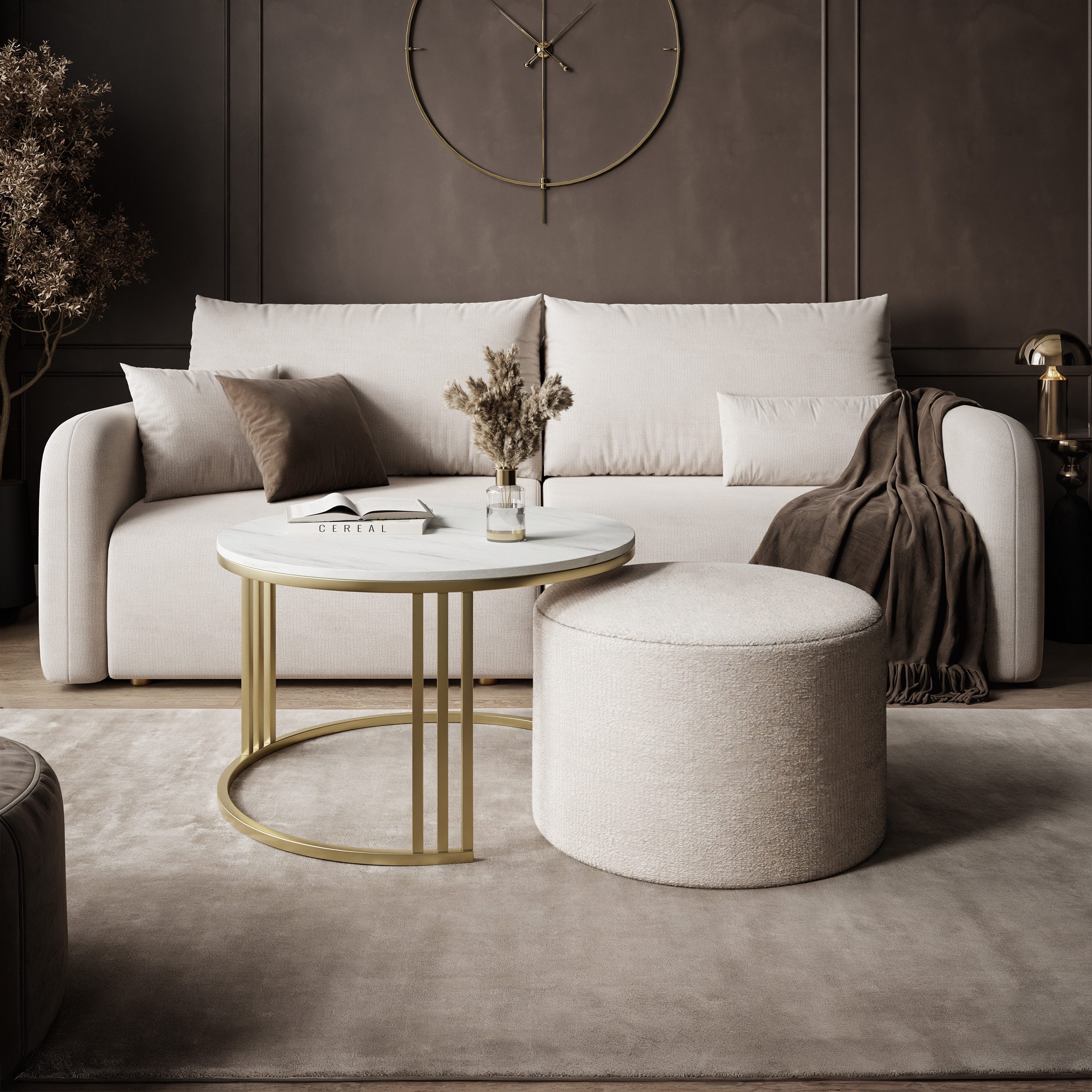 Lookway Couchtisch LORI MATT mit Hocker auf einem gebürsteten goldenen Gestell (1 Tisch mit Hocker), Durchmesser: ⌀70 cm