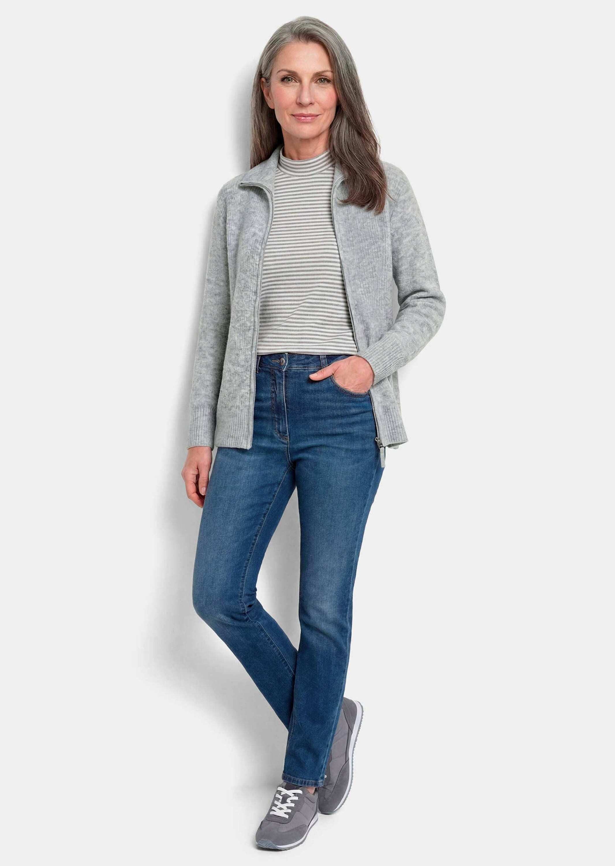 GOLDNER Strickjacke Melange-Cardigan mit Reißverschluss Elastische Strickjacke mit Längsrippe und Stehkragen