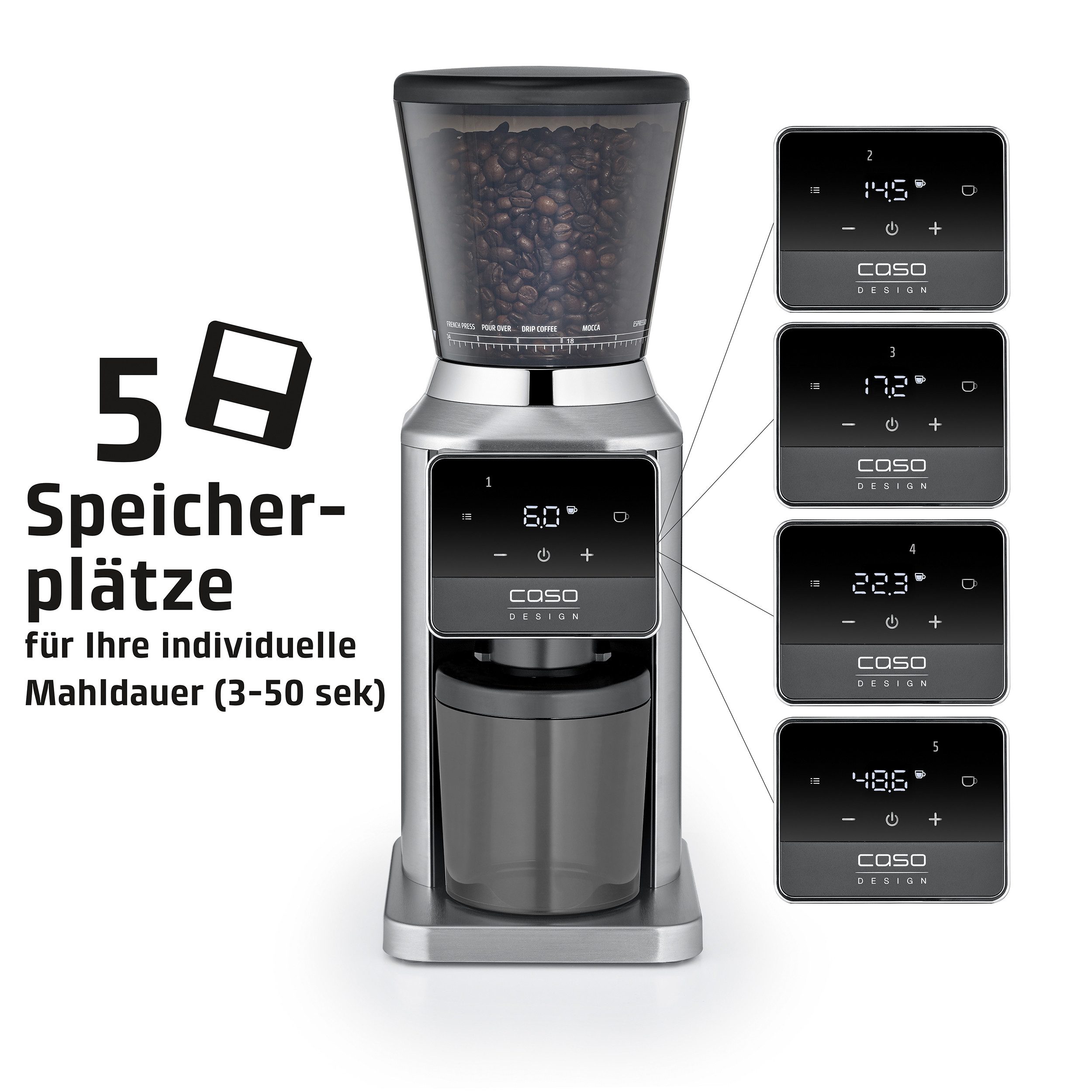 Caso Kaffeemühle BaristaChef Inox Pro, 180 W, Kegelmahlwerk, 320 g Bohnenbehälter, Zero Retention Technologie, Edelstahl-Kegelmahlwerk, 34 Mahlgradstufen