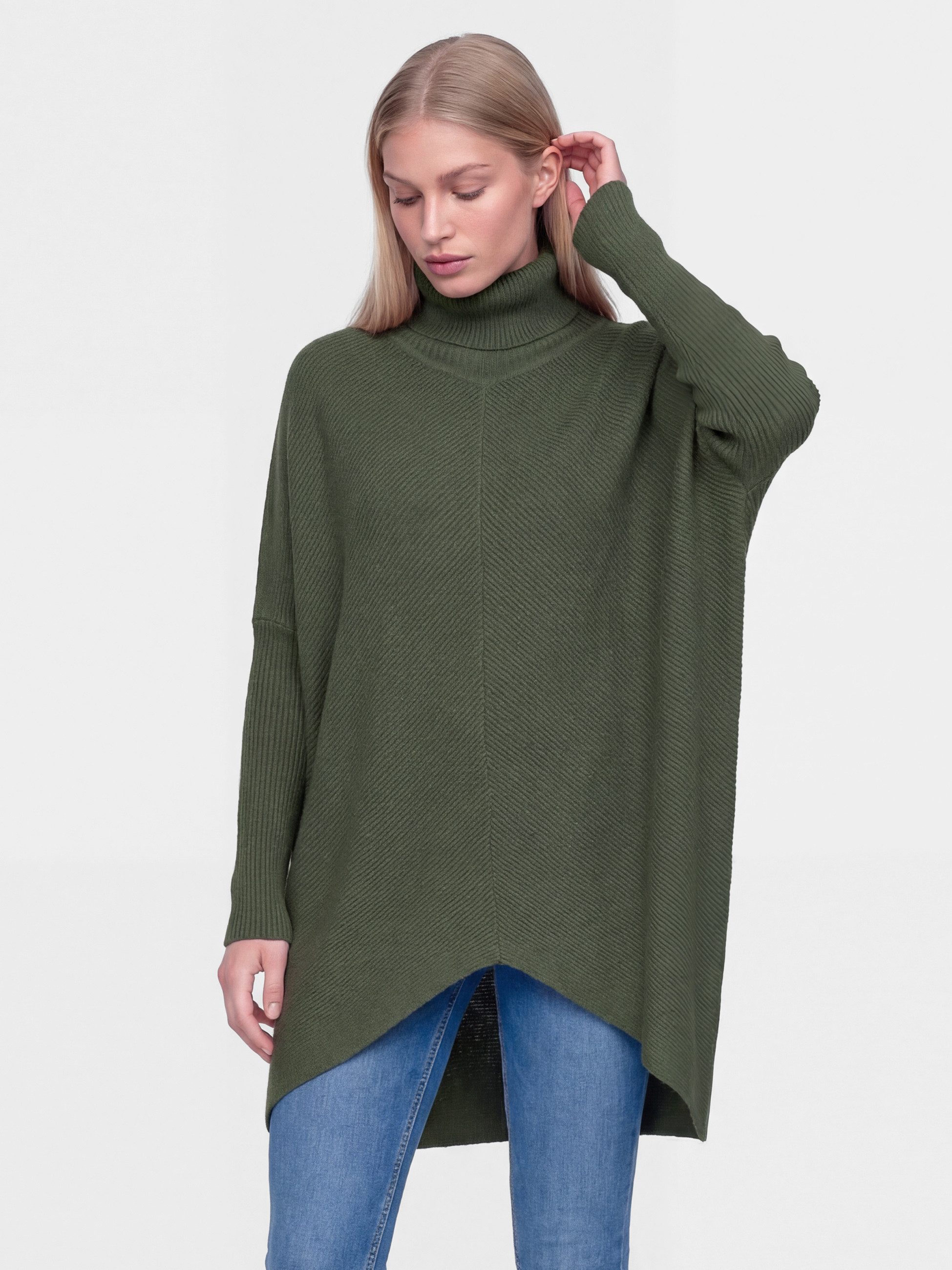 PEKIVESSA Longpullover Oversized langer Rollkragenpullover Damen Fledermausärmel (A-Linie, 1-tlg) hinten länger