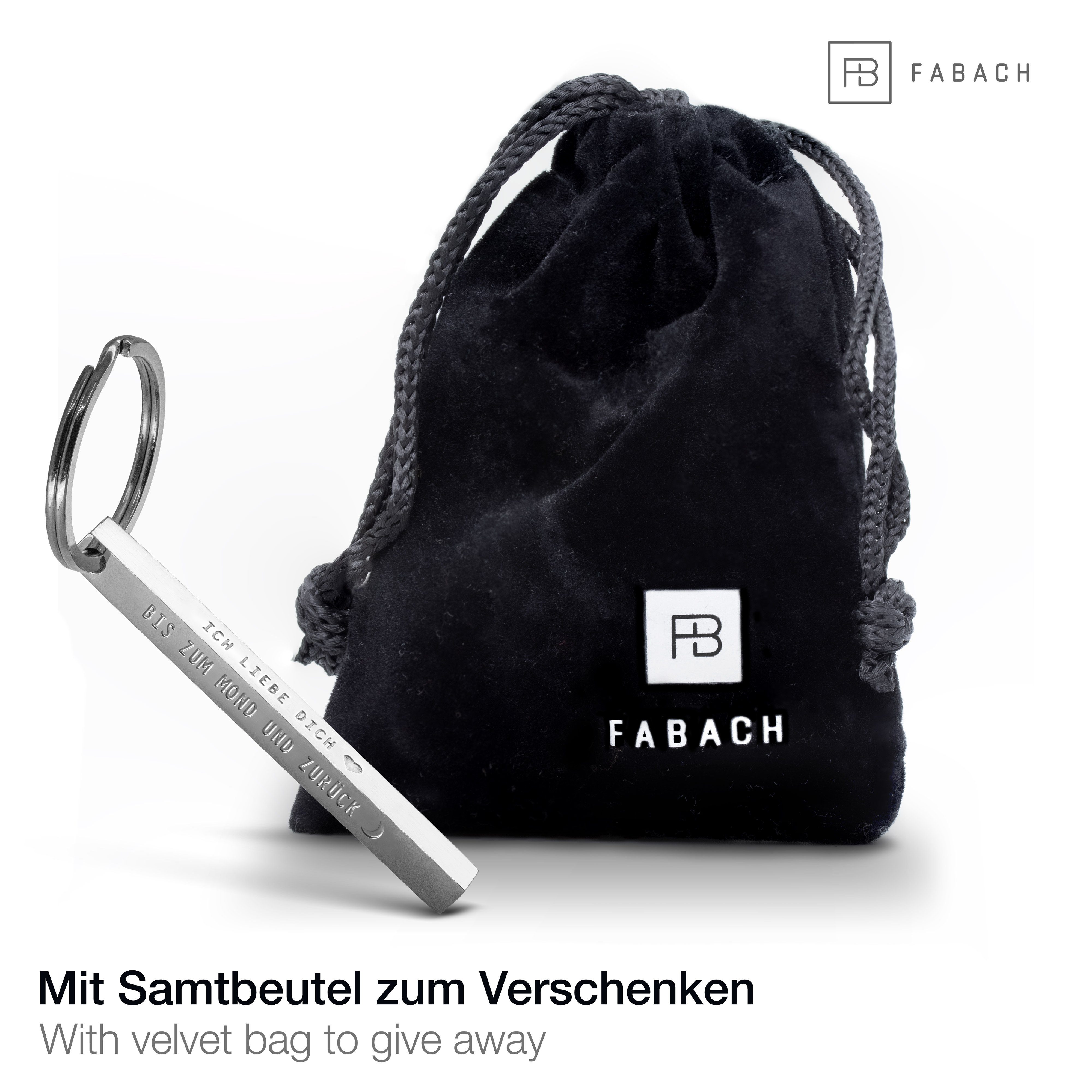 FABACH Schlüsselanhänger Cuboid aus Edelstahl mit Botschaft- Ich liebe dich bis zum Mond