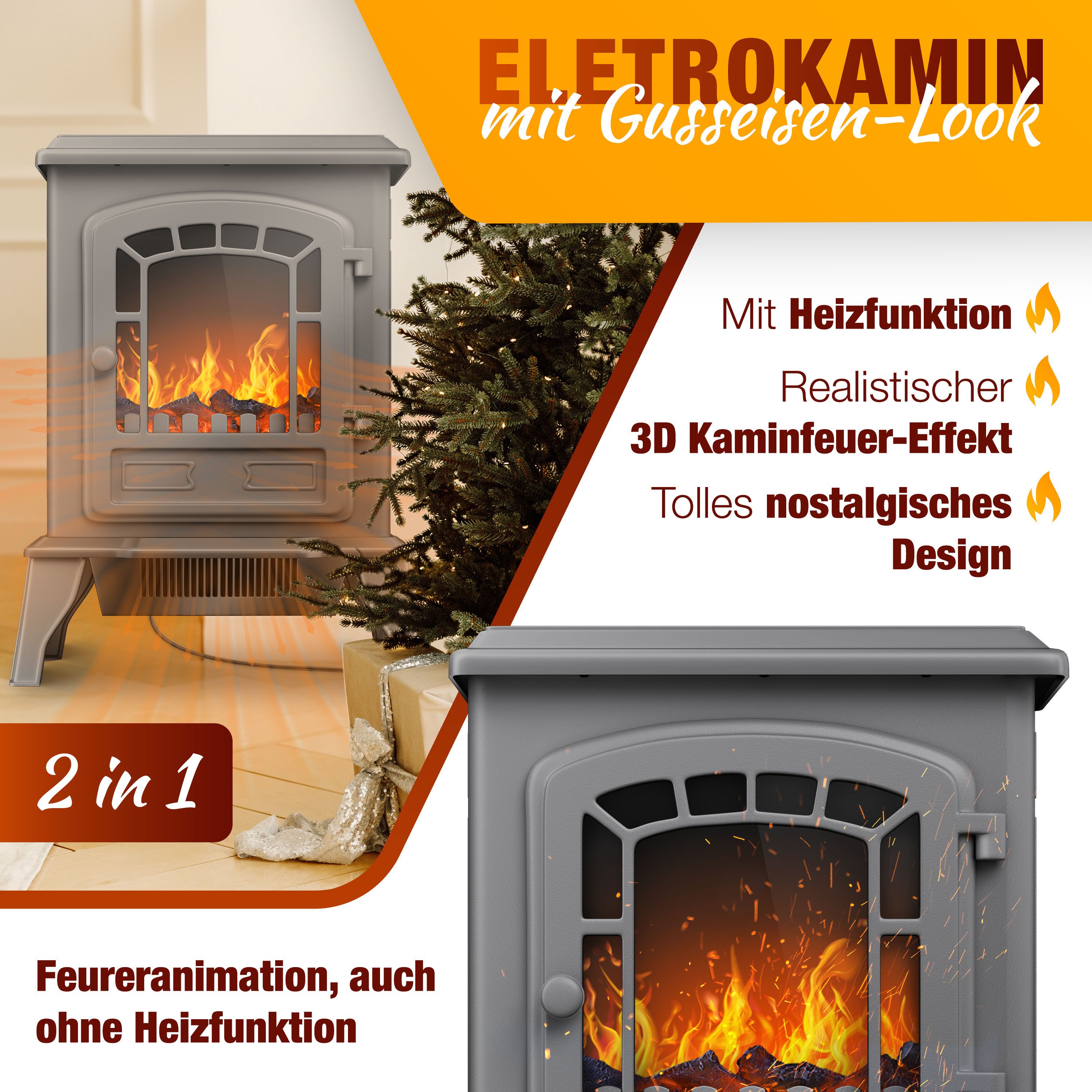 KESSER Elektrokamin 2 in 1, Heizfunktion, 3D Kaminfeuer-Effekt, mit zwei Heizstufen, Sicherheitsabschaltung, Thermostat Regler