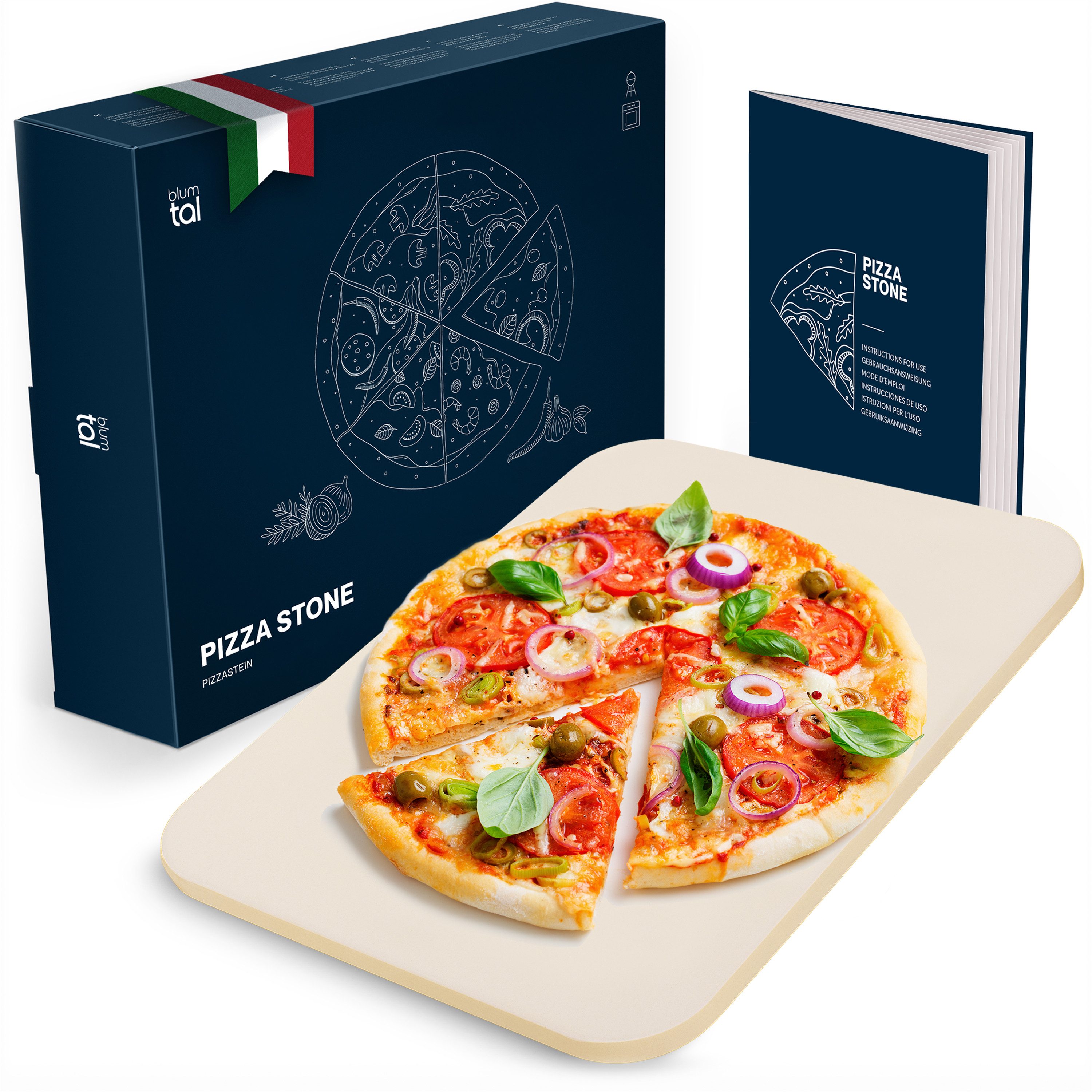 Blumtal Pizzastein für Backofen 38x30 cm aus Cordierit-Stein bis 900 C° eckig für Grill, 65% Kordierit, 35% Kaolin