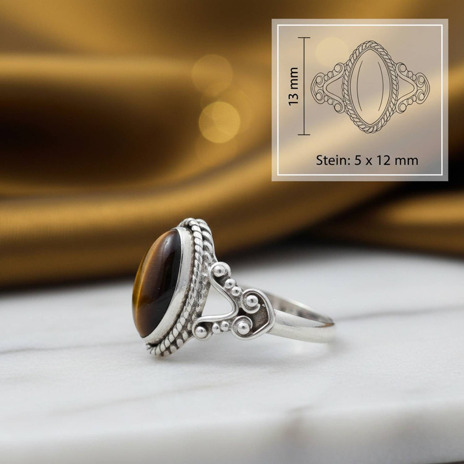 mantraroma Silberring NOBALA aus 925 Silber mit Tigerauge (Ring mit Schmuckbeutel), Damenring aus 925er Silber