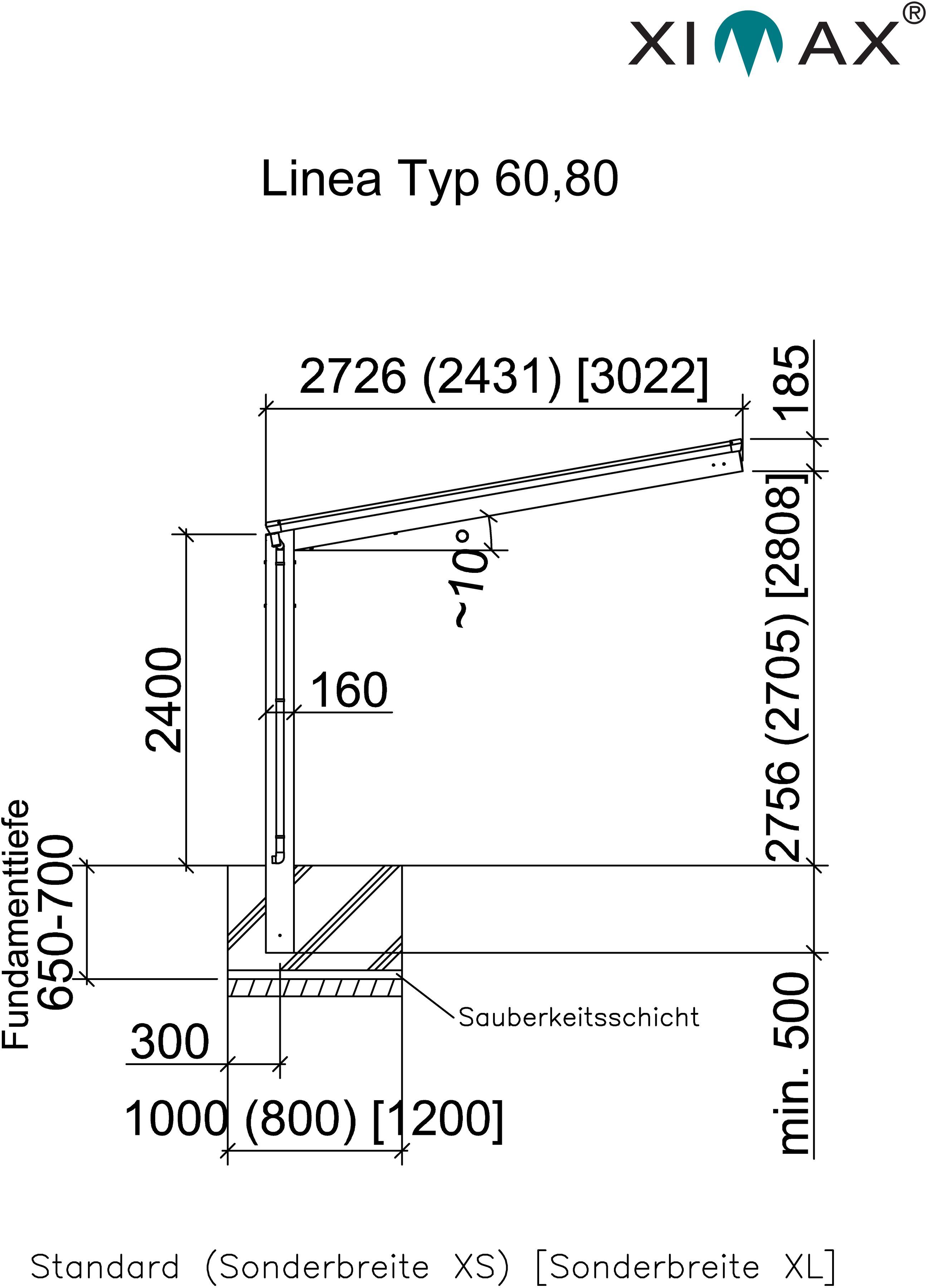 Ximax Einzelcarport Aluminium Linea 240 BxT: Typ cm Sonderlänge-Edelstahl-Look, cm, 80 273x556 Einfahrtshöhe