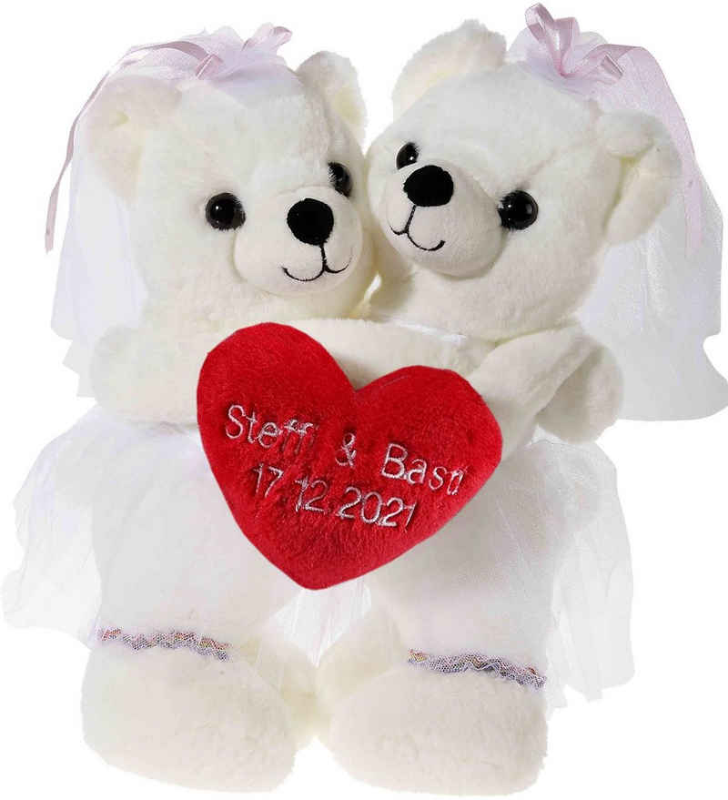 Heunec® Kuscheltier Hochzeitsbärenpaar Bärin & Bärin, individuell bestickbar, mit Regenbogen-Strumpfbändern; mit individueller Bestickung