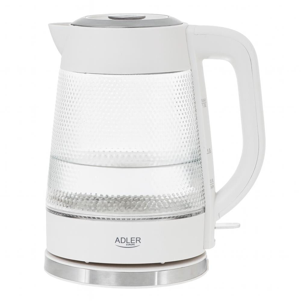 ADLER EUROPE Wasserkocher AD 1306 Glaswasserkocher mit LED-Beleuchtung, 1,8 l, 2200 W, Glas, Wasserstandsanzeige, Kalkfilter, LED, weiß