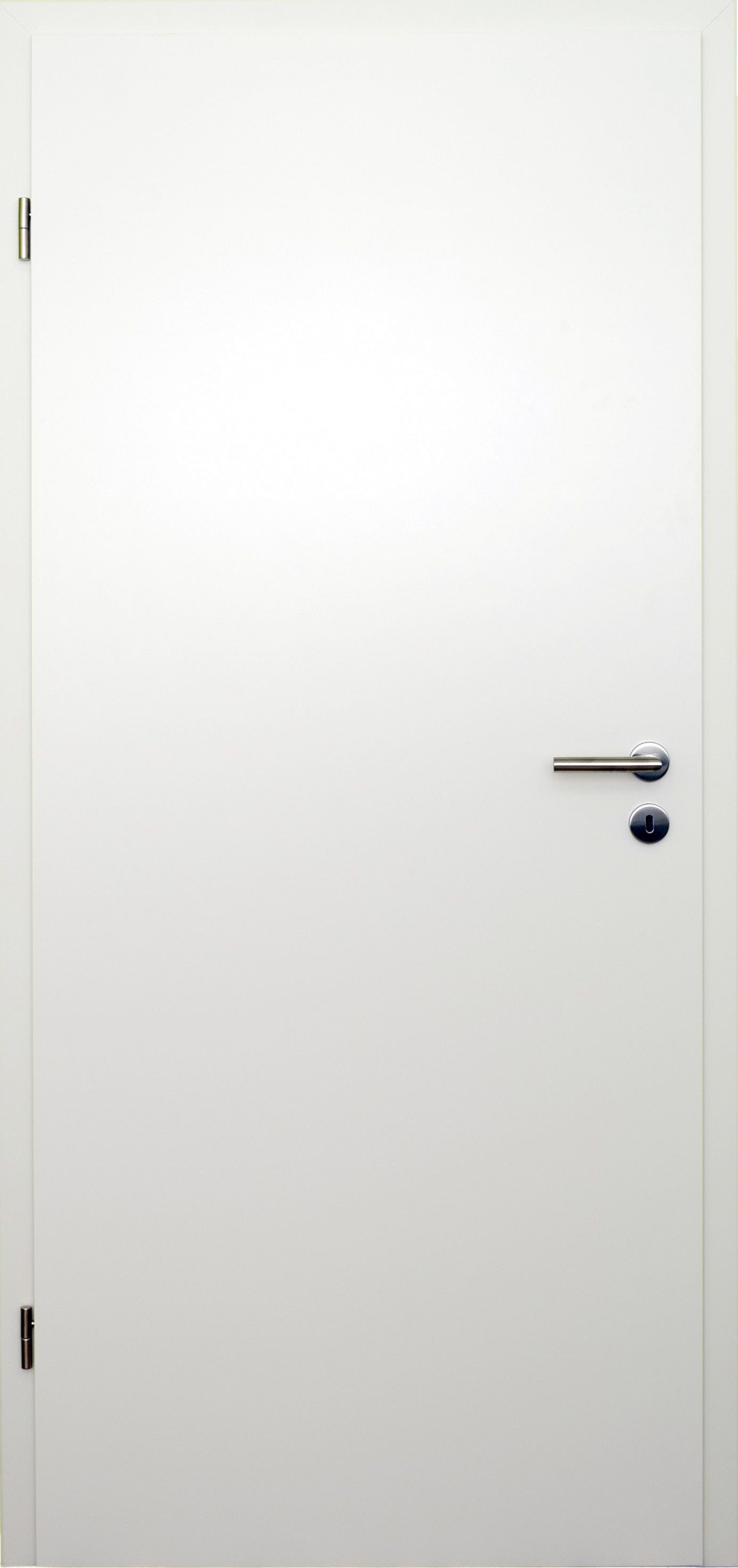 HORI Zimmertür HORI Zimmertür Komplettset Weißlack RAL9010 Röhrenspan Eckkante (Tür-Komplettset, Türblatt, Zarge, Türgriff und Schloss), Weißlack RAL9010, Röhrenspan, Eckkante, Türgriff Madrid