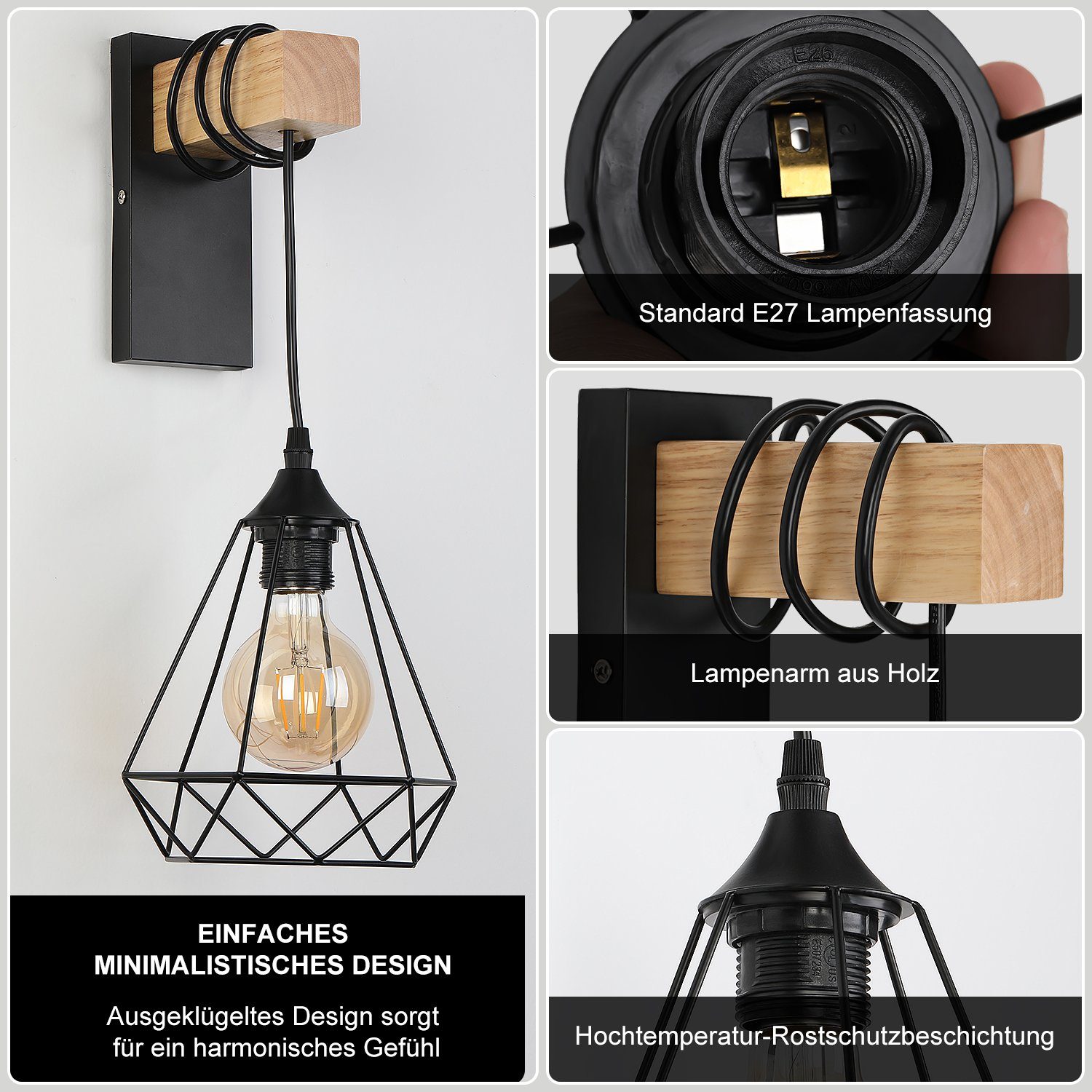 Industrial Holz, Wandleuchte Innen, aus LED Innen, und Wandleuchte Glühbirne Warmweiß, E27 Wandleuchte ohne Stahl Retro LETGOSPT Lampe Höhenverstellbar Pendellampe E27, Fassung wechselbar,