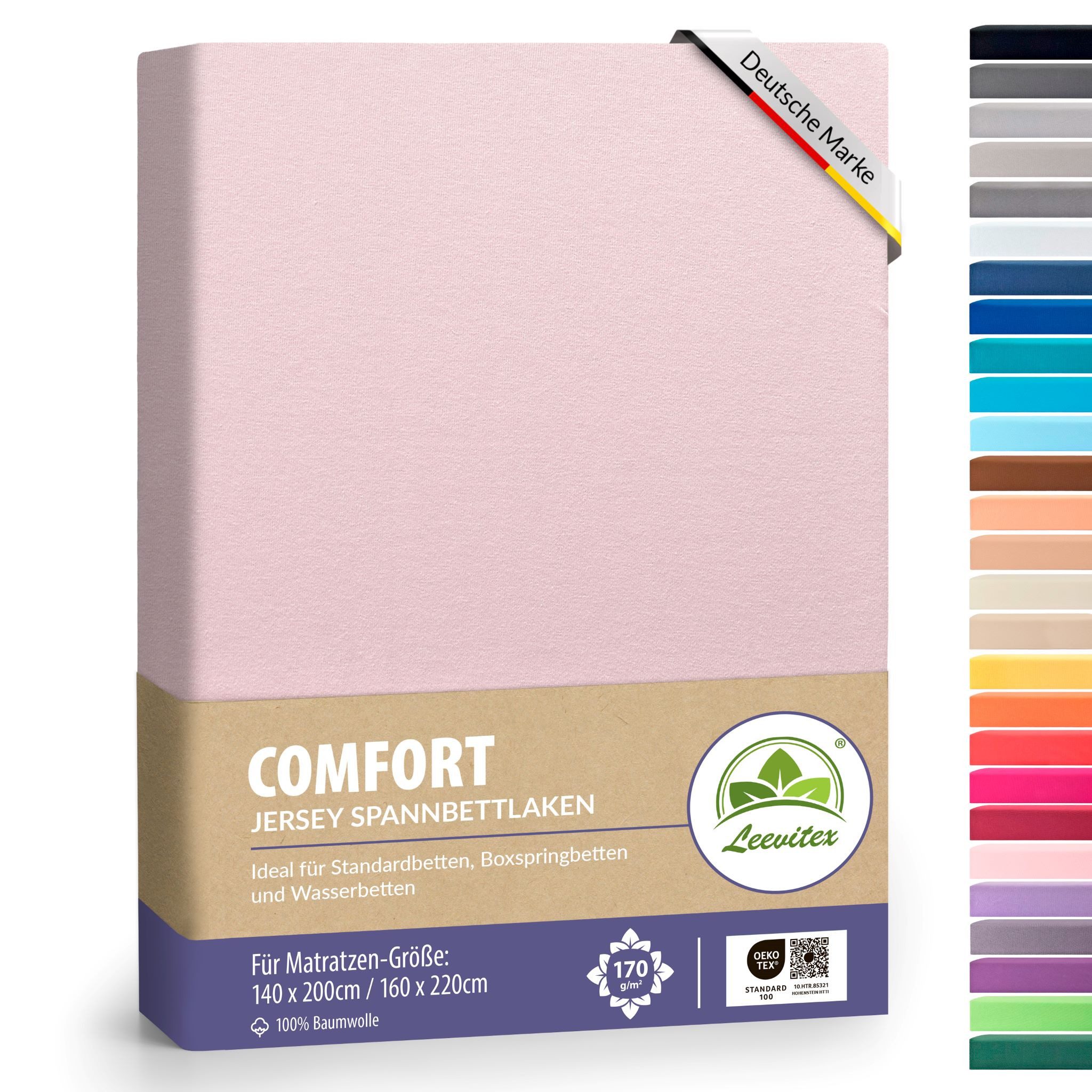 leevitex® Spannbettlaken verschiedene Größen, Stoffgewicht 170 g/m², 40 cm Steghöhe, Jersey, Gummizug: rundum, (1 Stück), verschiedene Farben, OEKO-TEX® STANDARD 100 zertifiziert