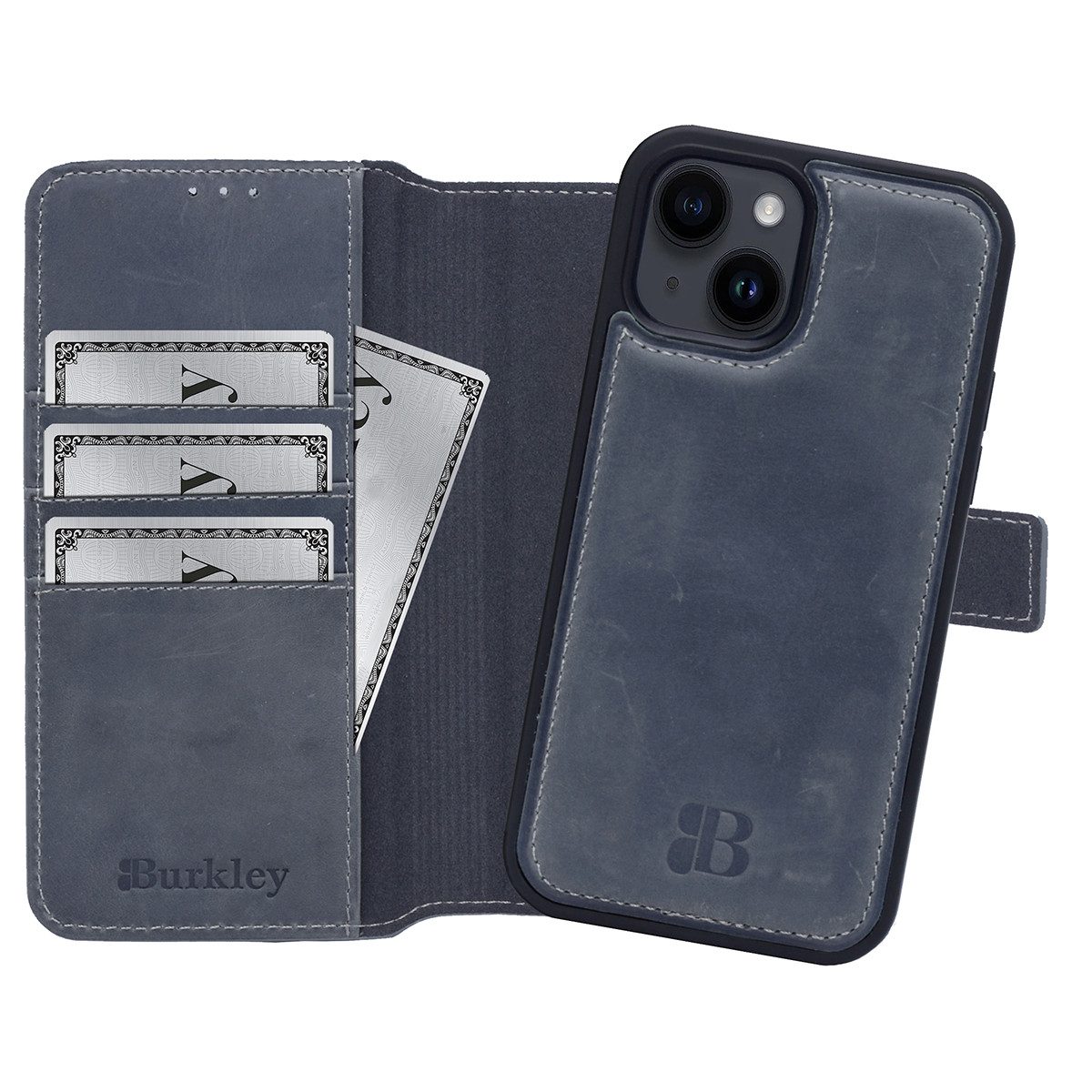 Burkley Handytasche iPhone 14 Handytasche mit modularem Back Case (1-tlg., Book Case Lederhülle mit Kartenfach und Magnetverschluss), herausnehmbare Innenhülle, Kartenfächer, Kick-Stand