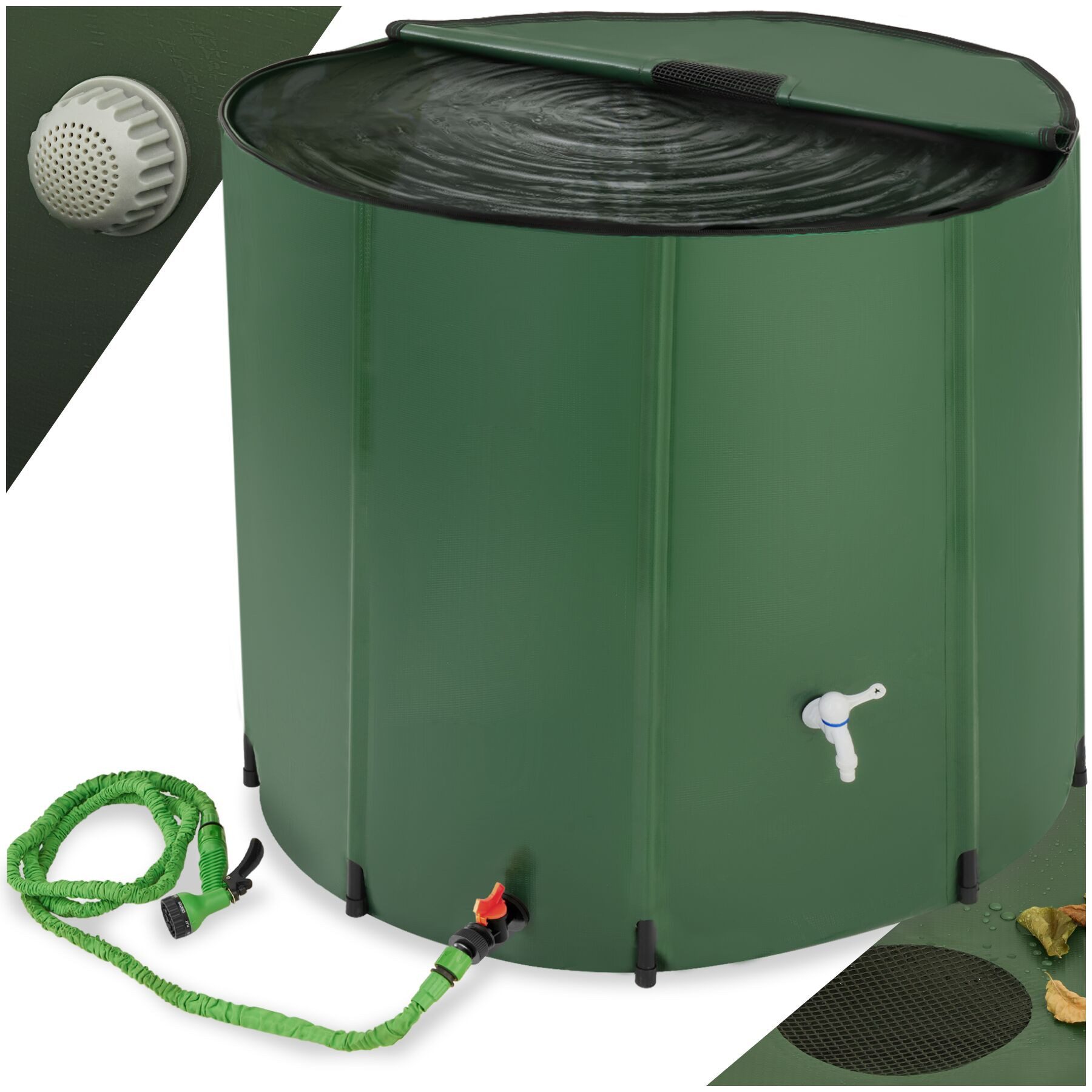 tectake Regentonne Faltbare Wassertonne mit abnehmbarer Oberseite und Überlaufschutz, 750 l, (Regenwassertank, in grün), wetterbeständig, mit Wasserhahn und praktischem Wassereinlassgitter