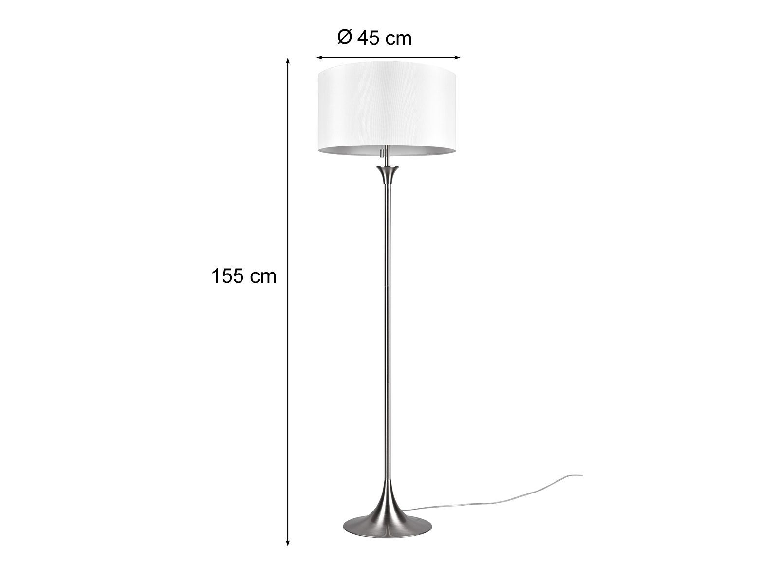 Stehlampe, Design-klassiker meineWunschleuchte Stoff 155cm / getrennt matt Warmweiß, für LED Ecke, Weiß Weiß Lampen-schirm schaltbar, LED Lichtquellen wechselbar, Höhe mit Silber